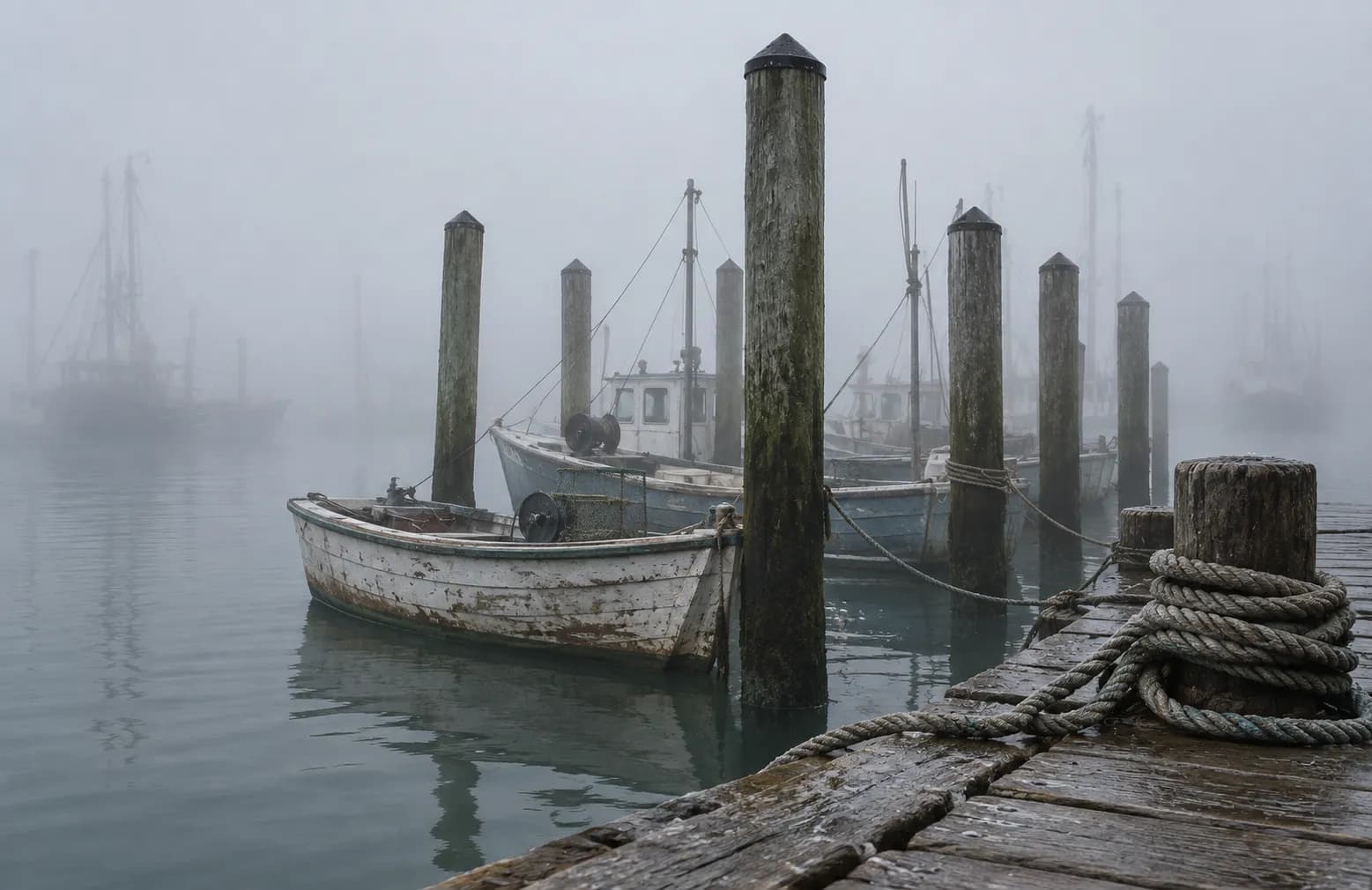 Fog moving past wooden piers and moored fishing boats
