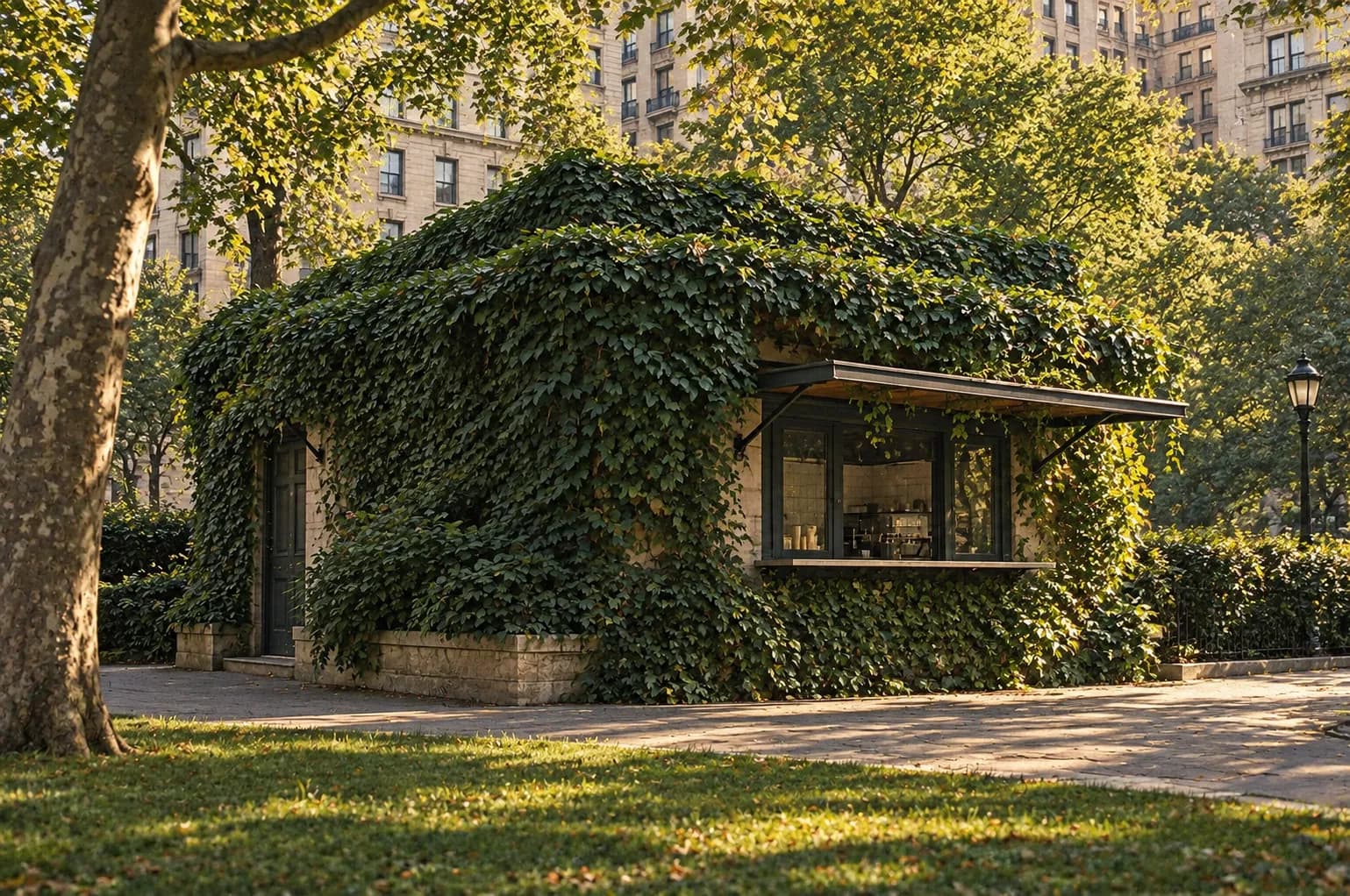 A small green kiosk covered in ivy at the edge of a city park