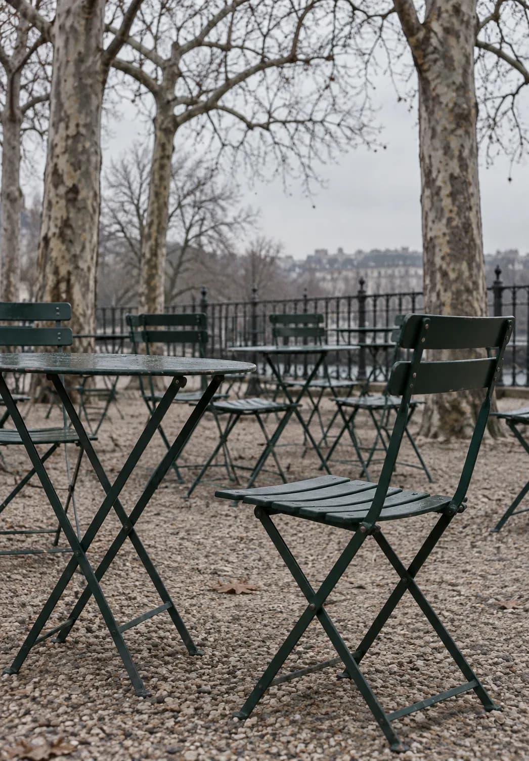 Empty metal park chairs and tables under bare plane trees
