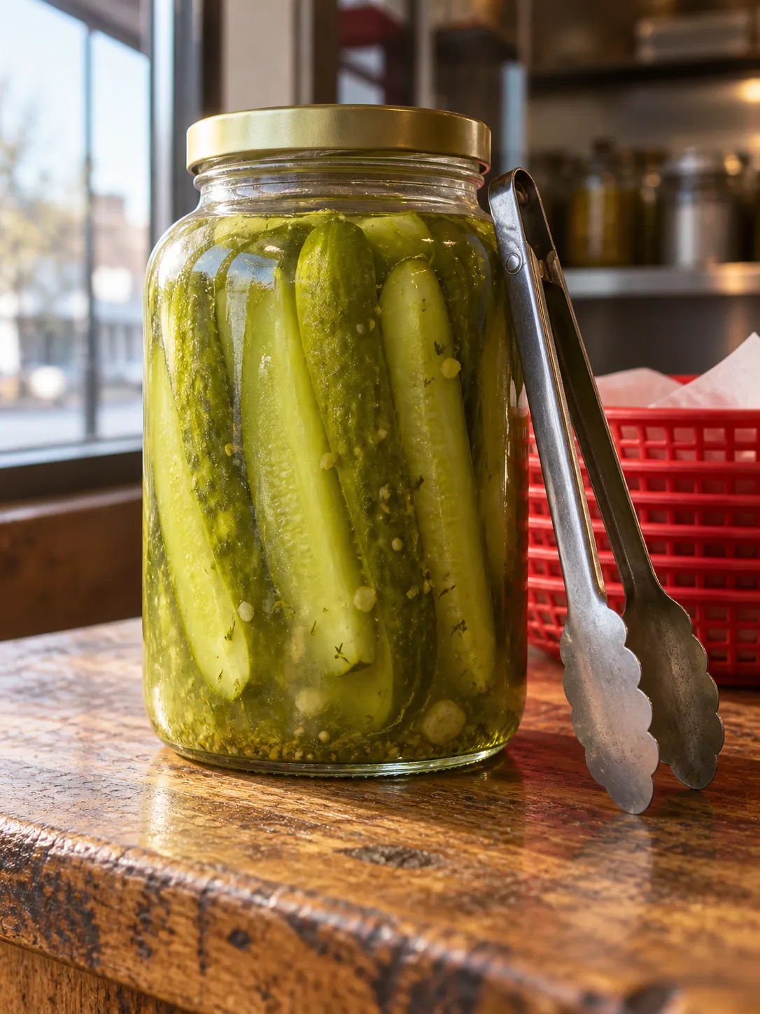 A jar of pickle spears on a counter beside a stack of trays