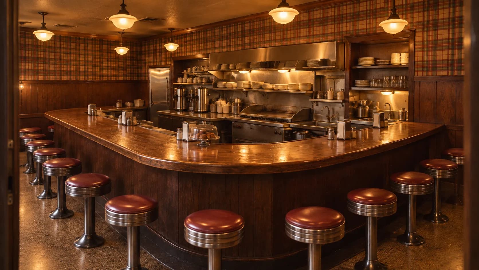 A horseshoe-shaped wooden counter ringed with fixed stools