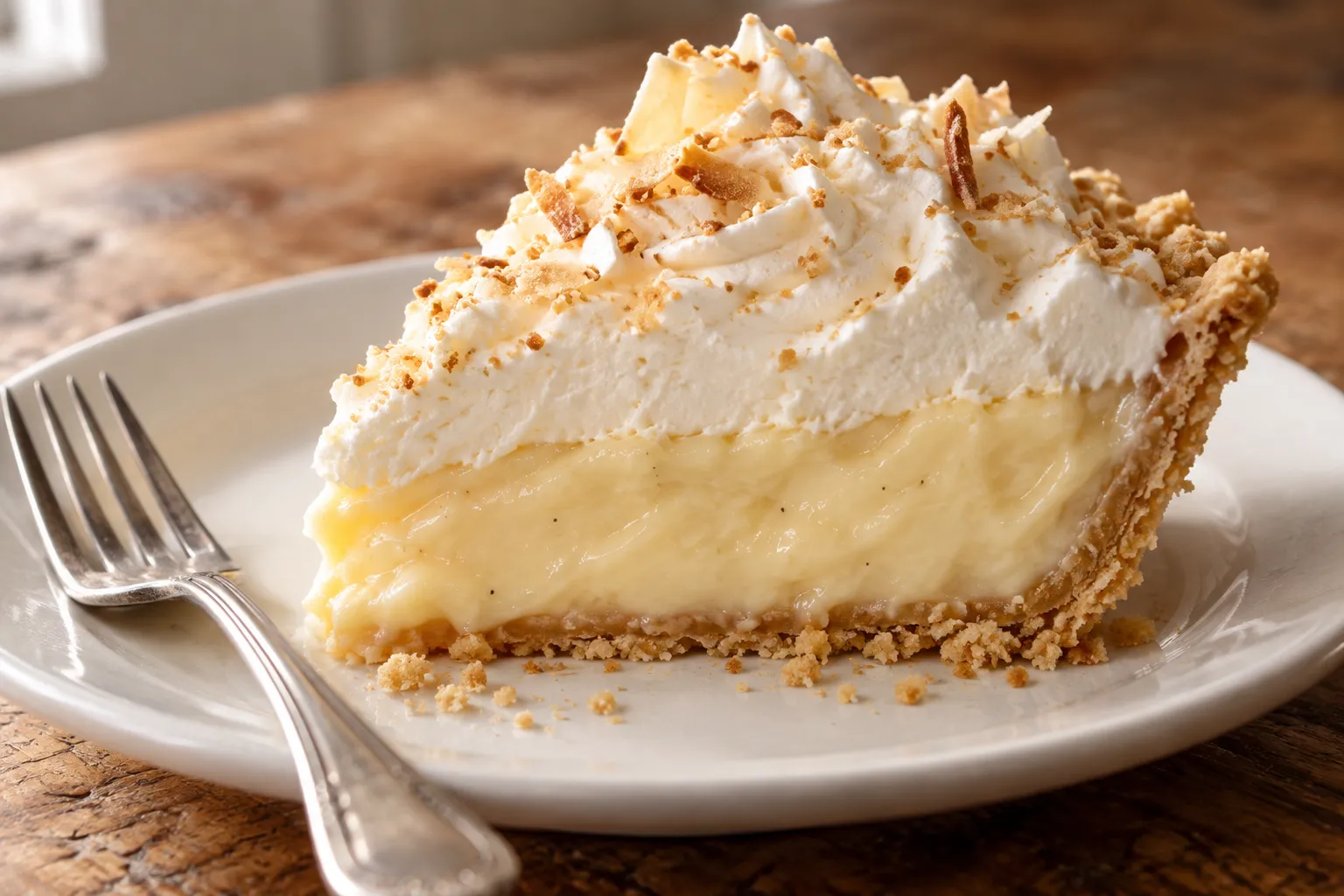 A slice of cream pie on a plain white plate