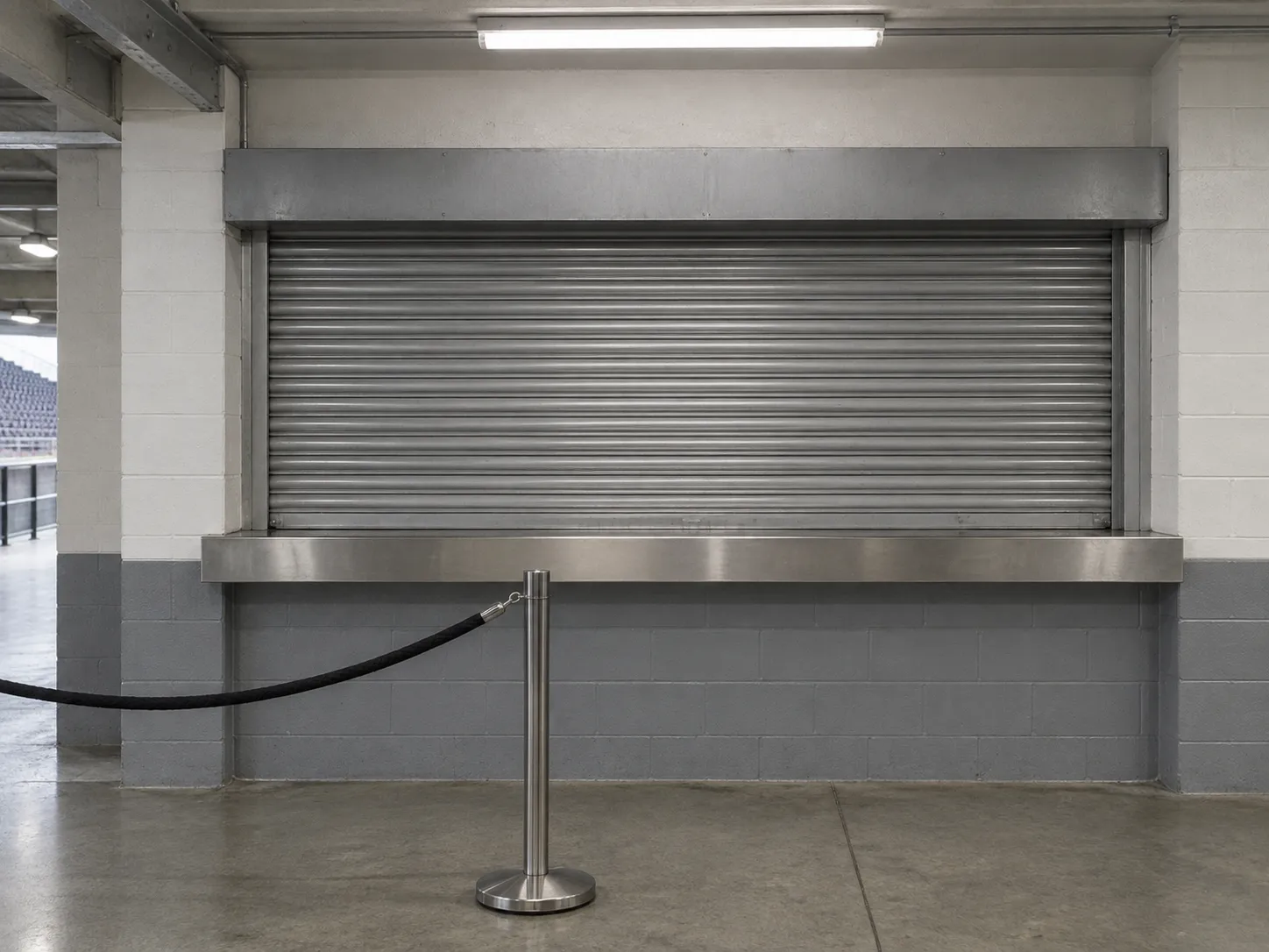 A stadium food stand shutter closed above a stainless counter