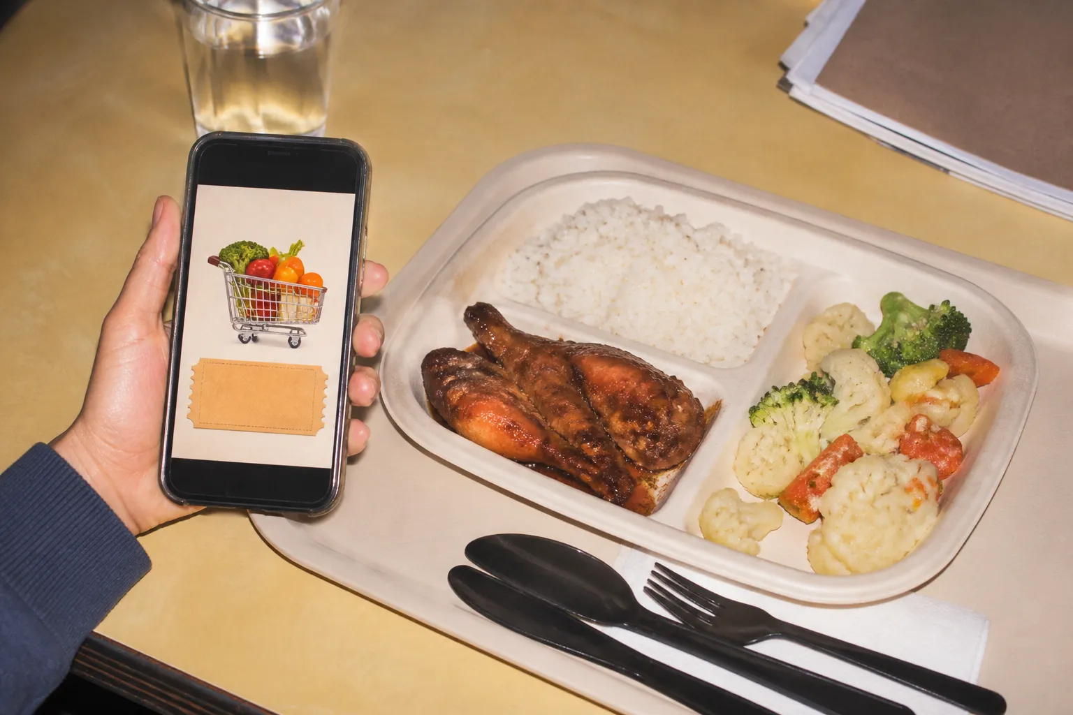 A phone showing a food coupon next to a meal tray on a table
