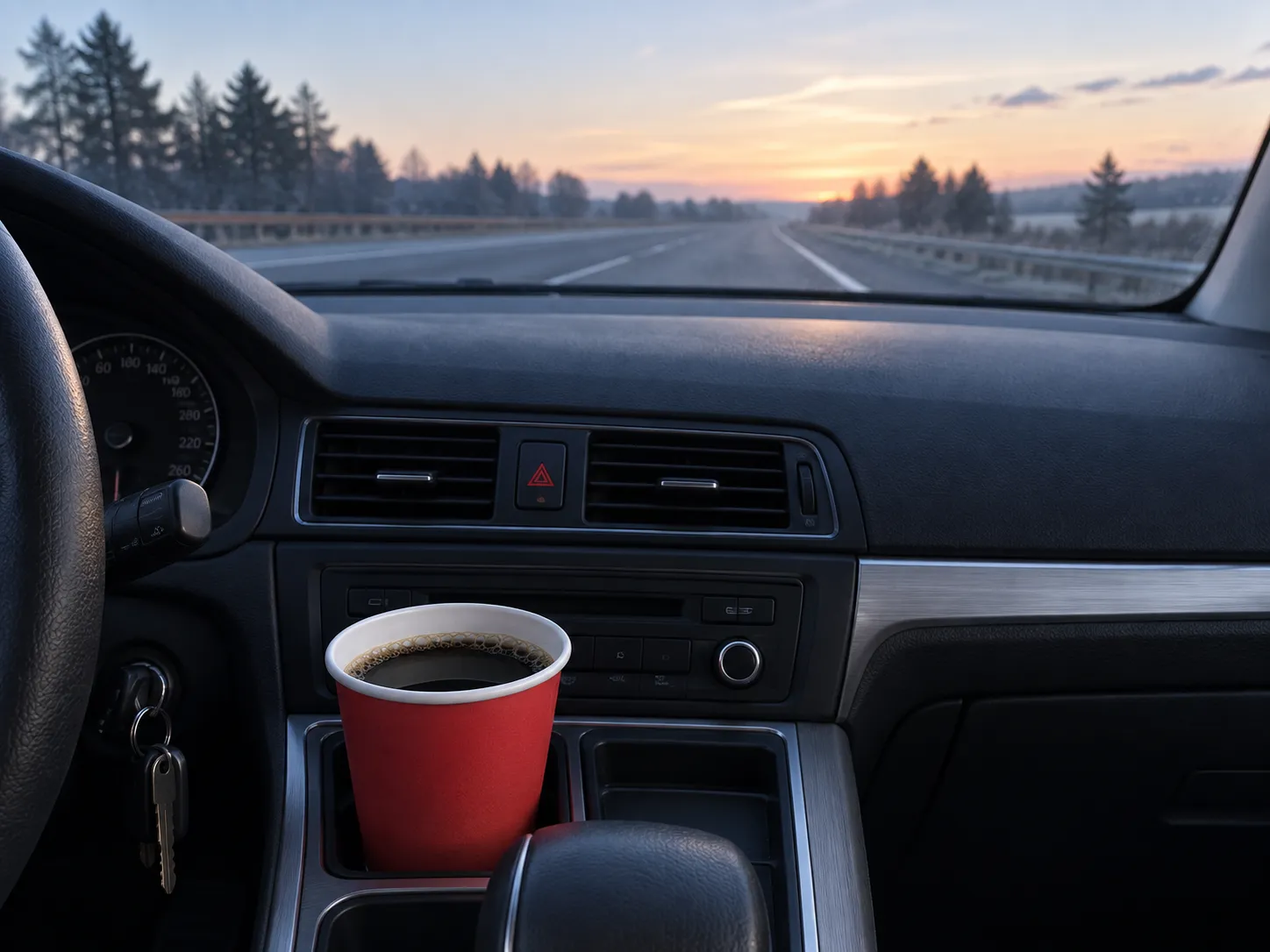 Plain paper coffee cup in a car centre console holder at dawn, with the dashboard and an empty road visible through the windscreen
