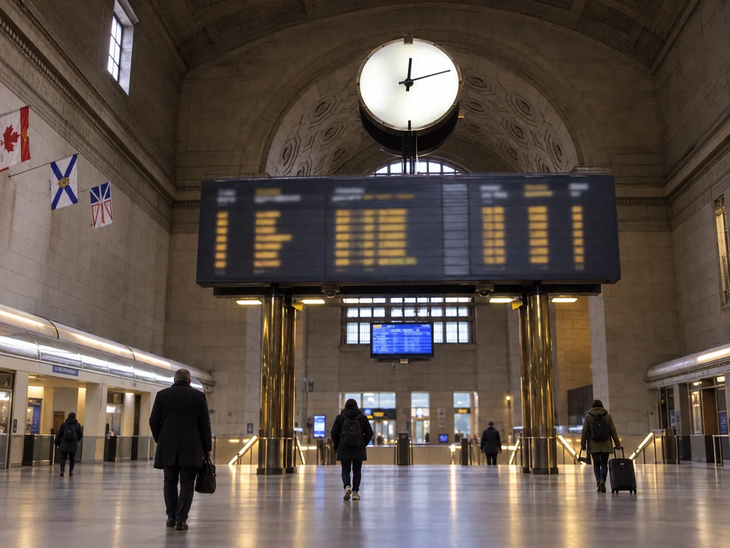 Large transit concourse with a low fluorescent ceiling, a high bank of departure display boards and stair openings down to the platforms