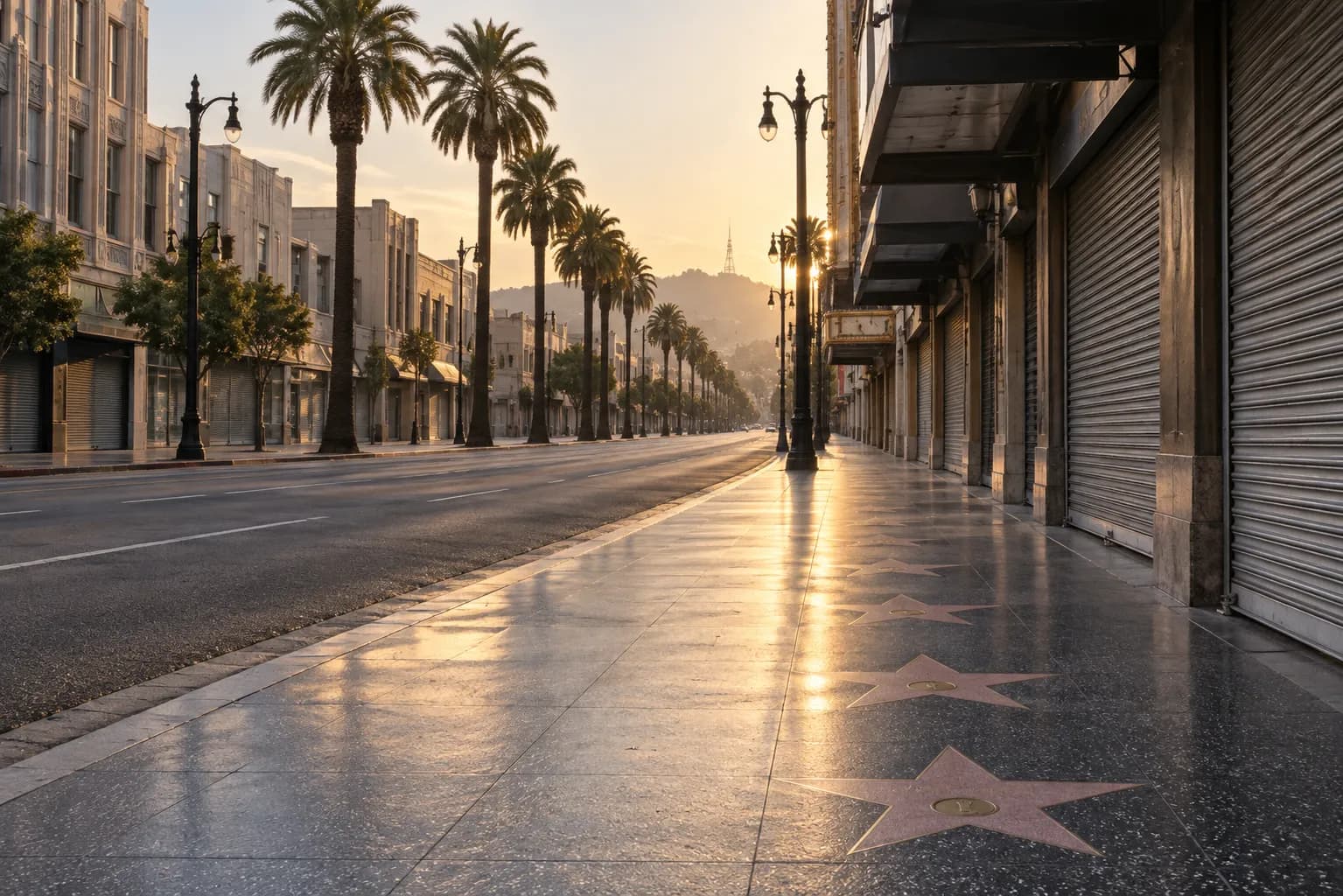 Wide boulevard early in the morning with empty pavement, terrazzo stars, shuttered shopfronts and hills faintly visible at the end of the street