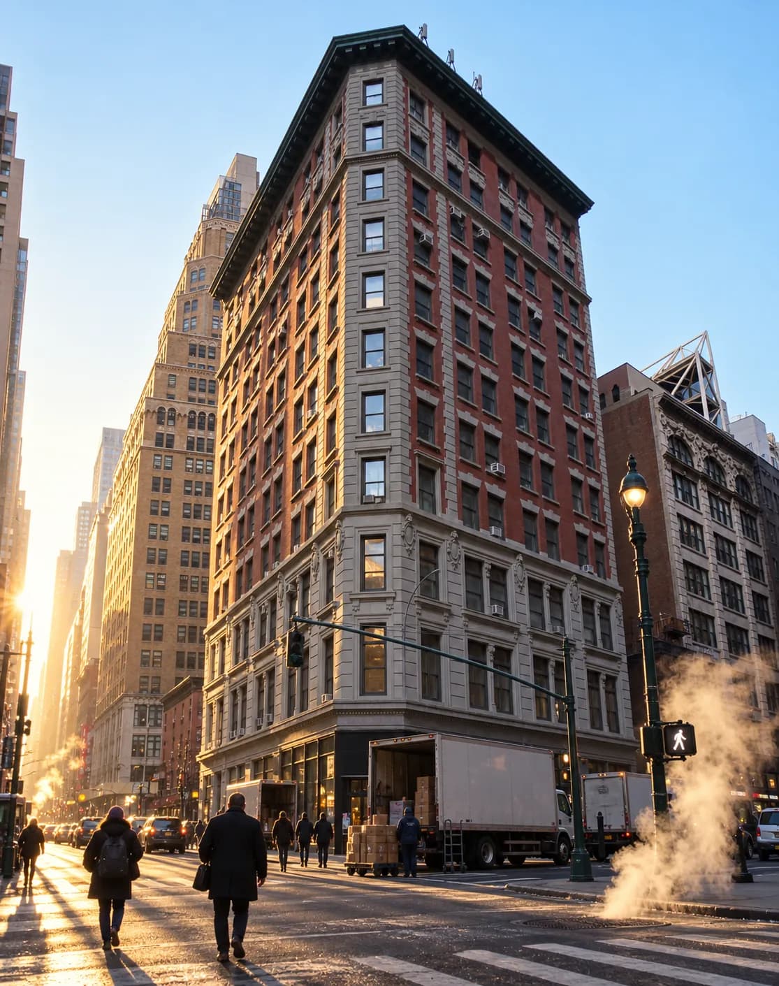 Midtown cross street early in the morning with tall office buildings, long shadows down the block, steam from a vent and delivery trucks at the kerb