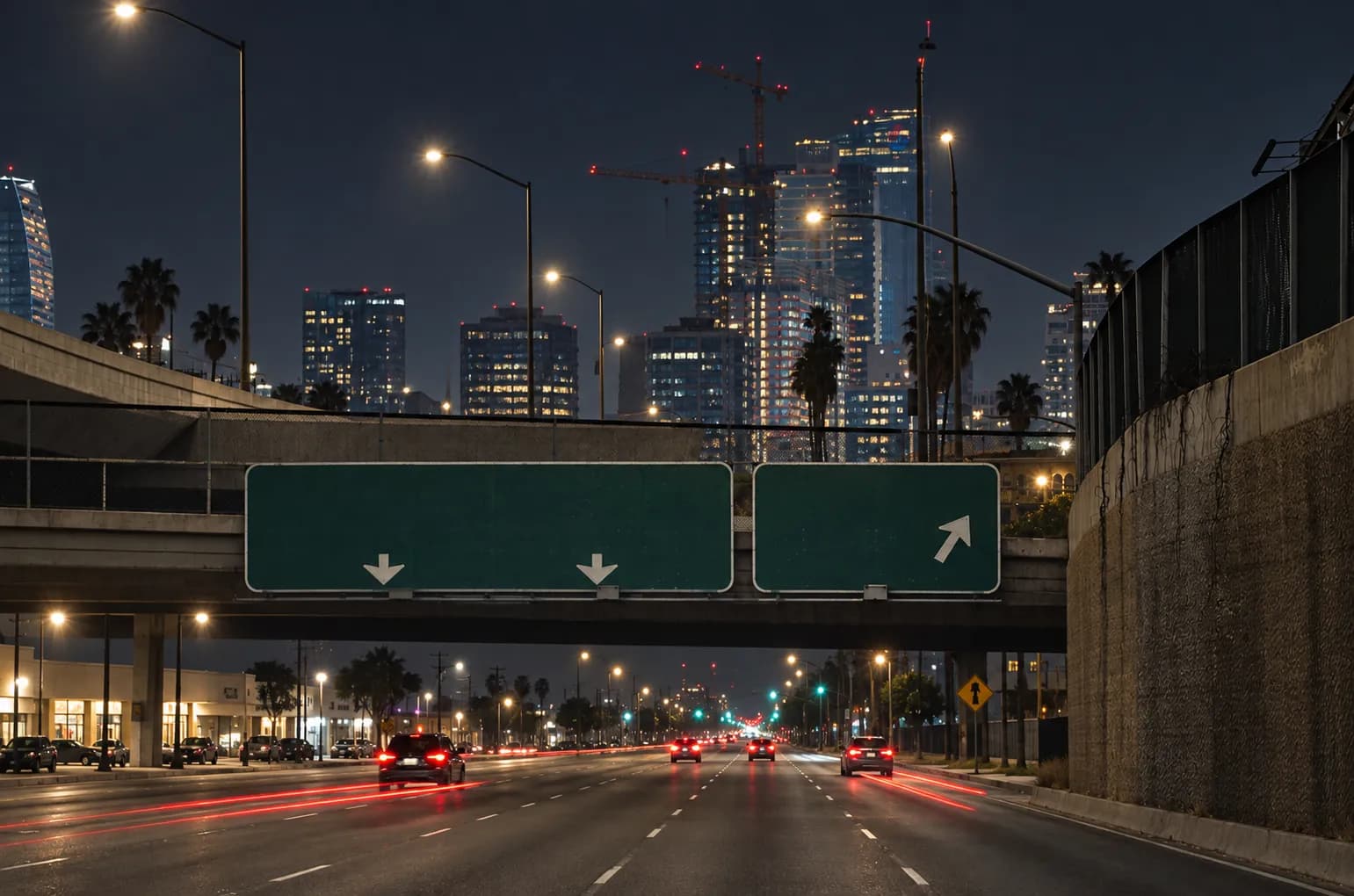 Wide six-lane boulevard at night with low commercial buildings and parking aprons either side and tall street lights receding into the distance