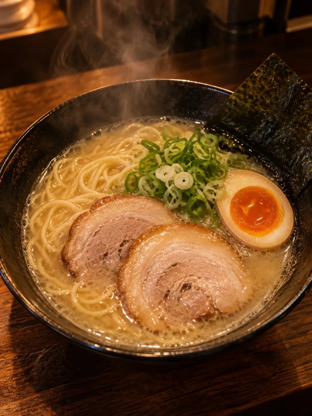 Ramen bowl with cloudy broth, coiled noodles, two slices of rolled pork, half a soft-boiled egg with a jammy yolk and a sheet of nori