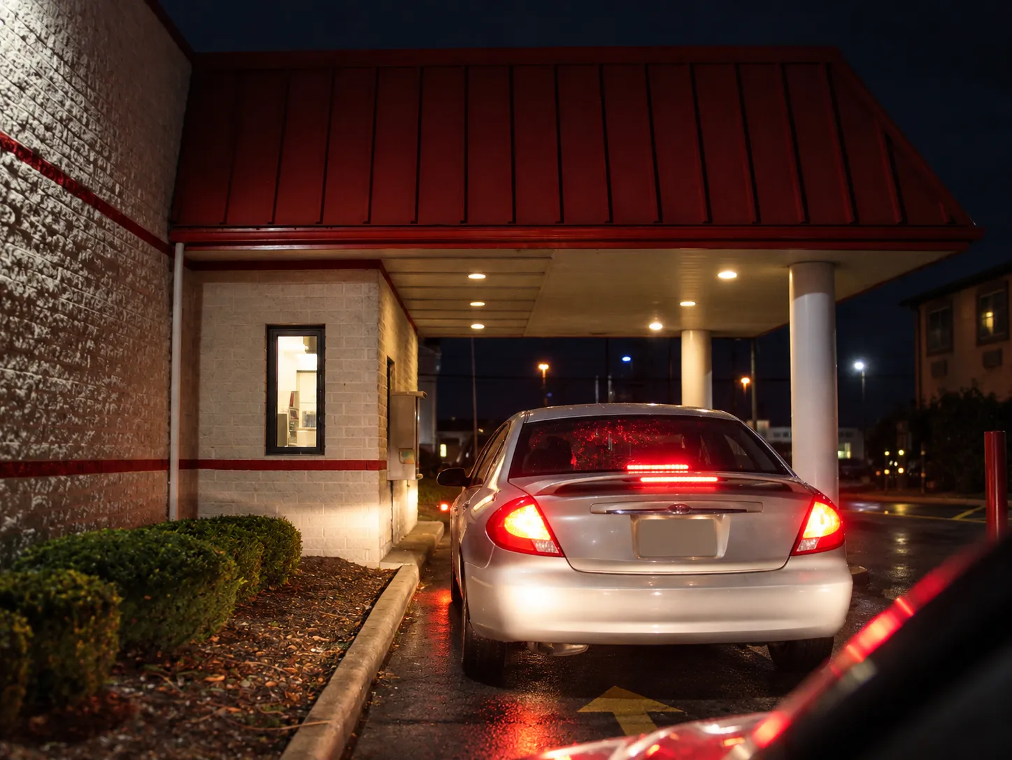 Drive-thru collection window at night seen from the driver's side, sliding glass with an illuminated interior beyond and a painted lane arrow below