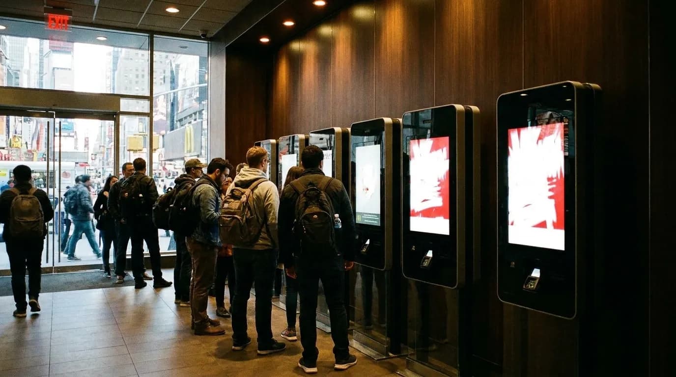 Self-service ordering kiosks line the entrance wall in a tight row, touchscreens glowing white and red, while backpack-wearing visitors queue under warm downlighting toward the digital menu boards.