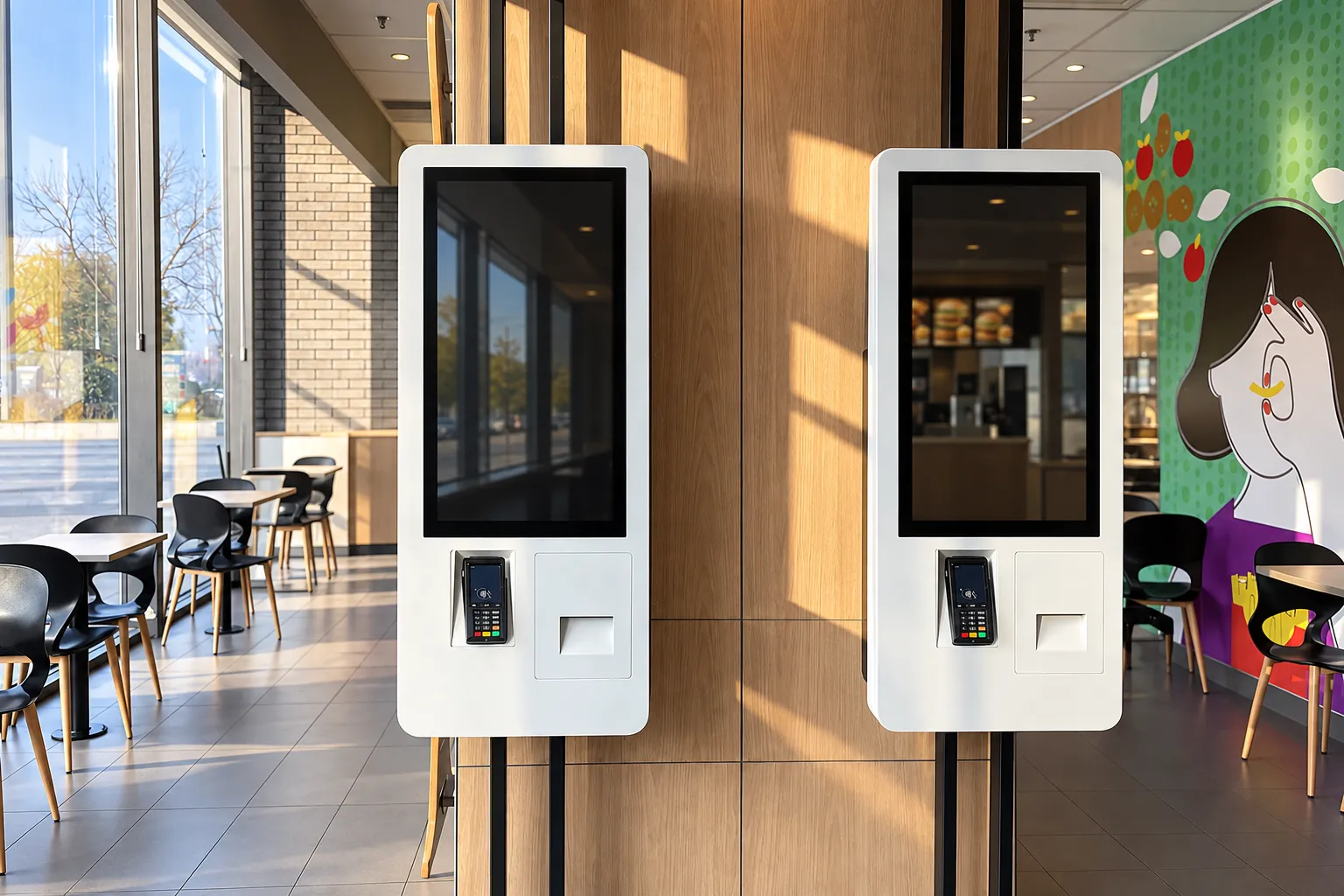 Row of freestanding self-service ordering kiosks along a restaurant wall with dark touchscreen panels on slim stands and a card reader on each