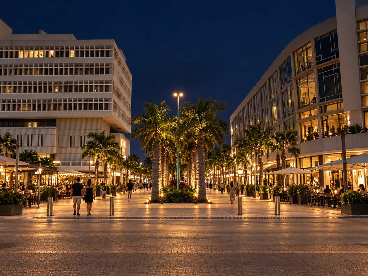 Pedestrianised beach-city shopping street at night with a planted median, low modernist buildings either side and café tables under awnings