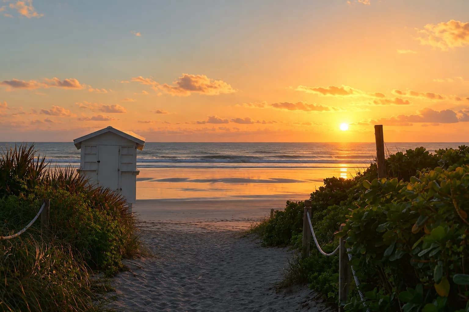 Empty stretch of wide beach at sunrise with flat wet sand reflecting a pale orange sky and lifeguard stands along the dune edge
