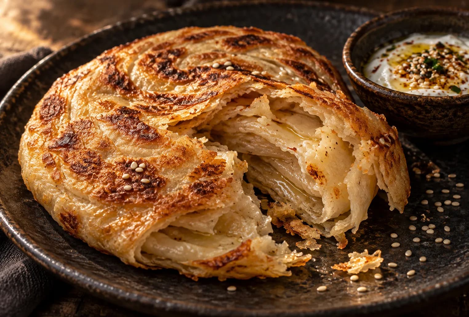 Layered flaky flatbread torn open beside a dark bowl of dip