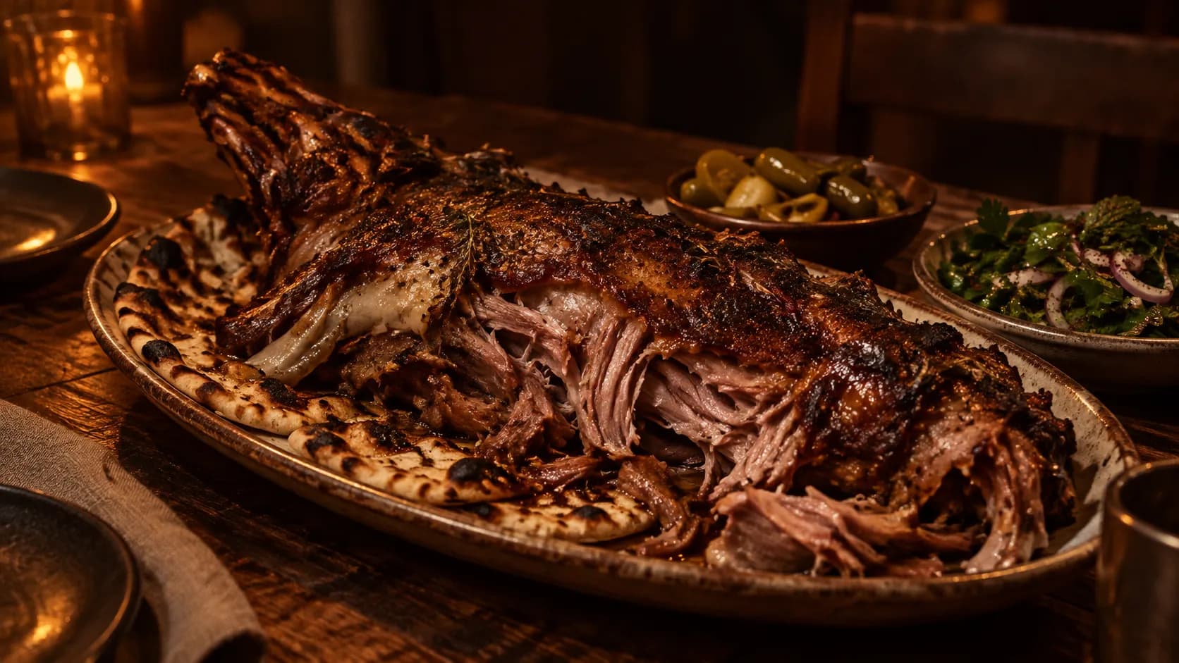 A slow-cooked lamb shoulder on a platter with charred flatbread beneath it