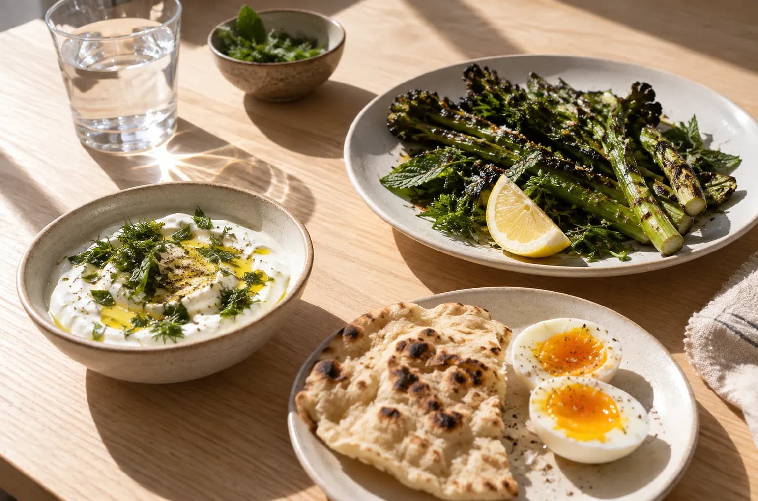 A bright brunch table of small vegetable plates, yoghurt and flatbread in hard morning light