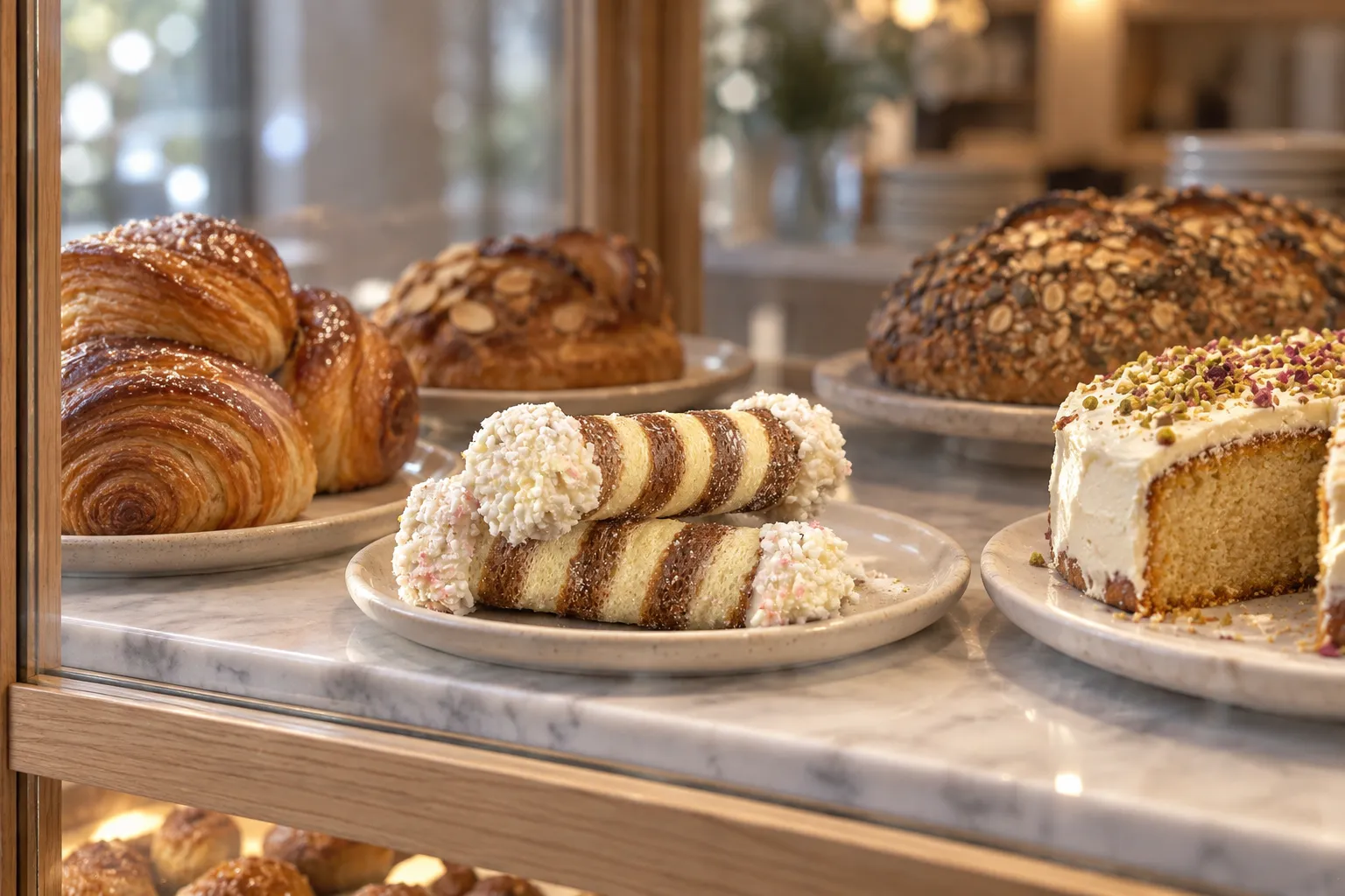A pastry case of laminated buns and cakes behind glass in a pale wood cafe