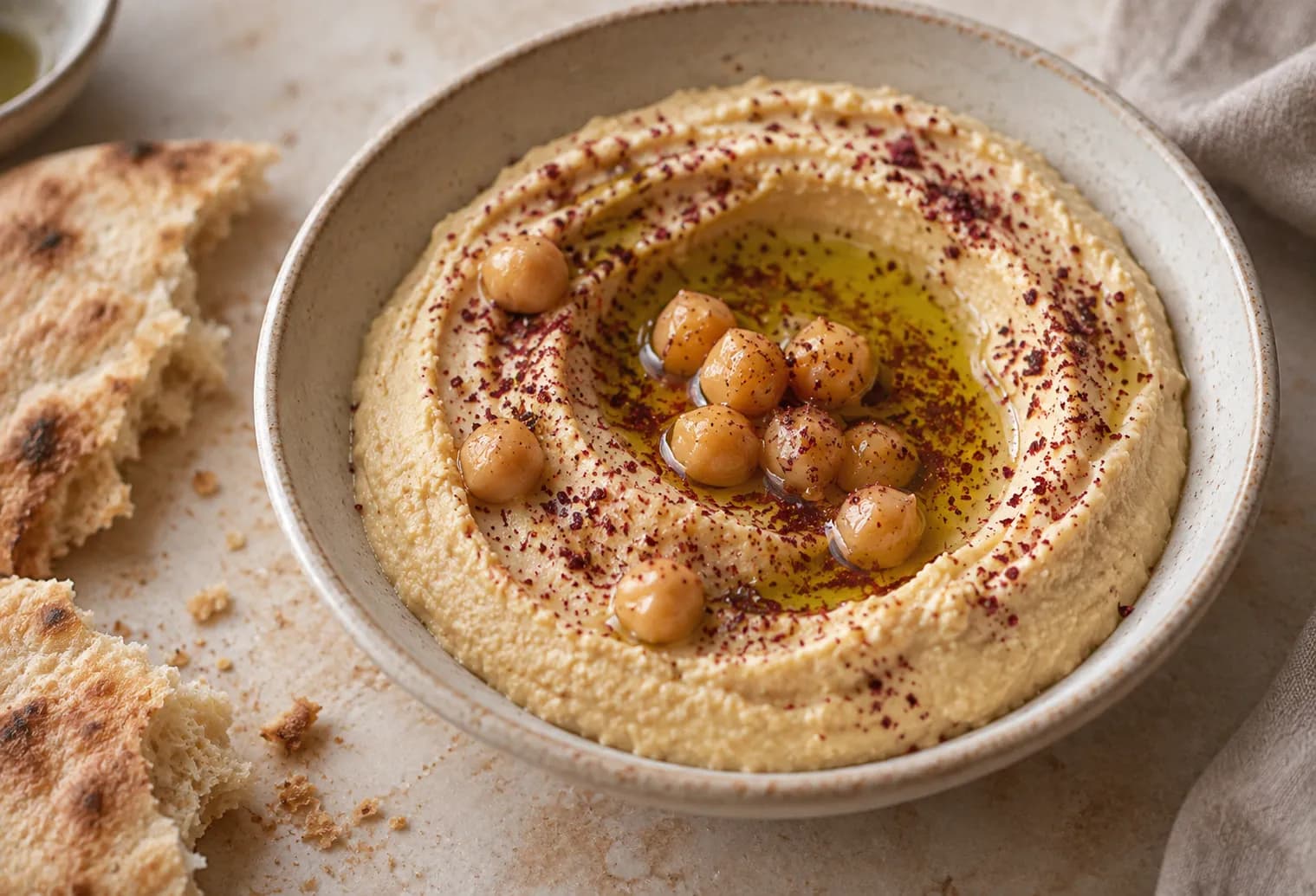 A swirled plate of hummus pooled with olive oil beside torn warm flatbread