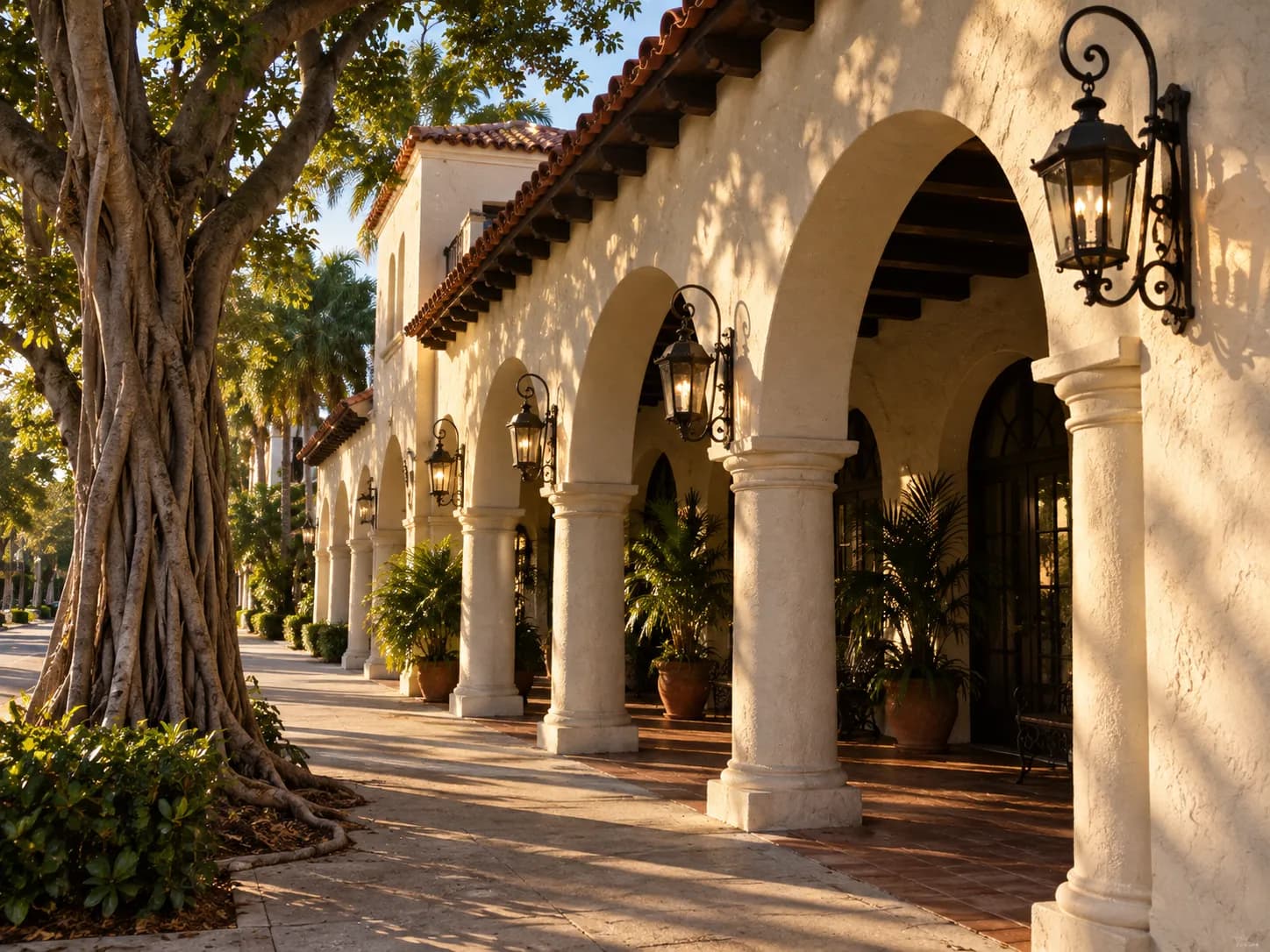An arched colonnade of a Mediterranean Revival building in warm afternoon light