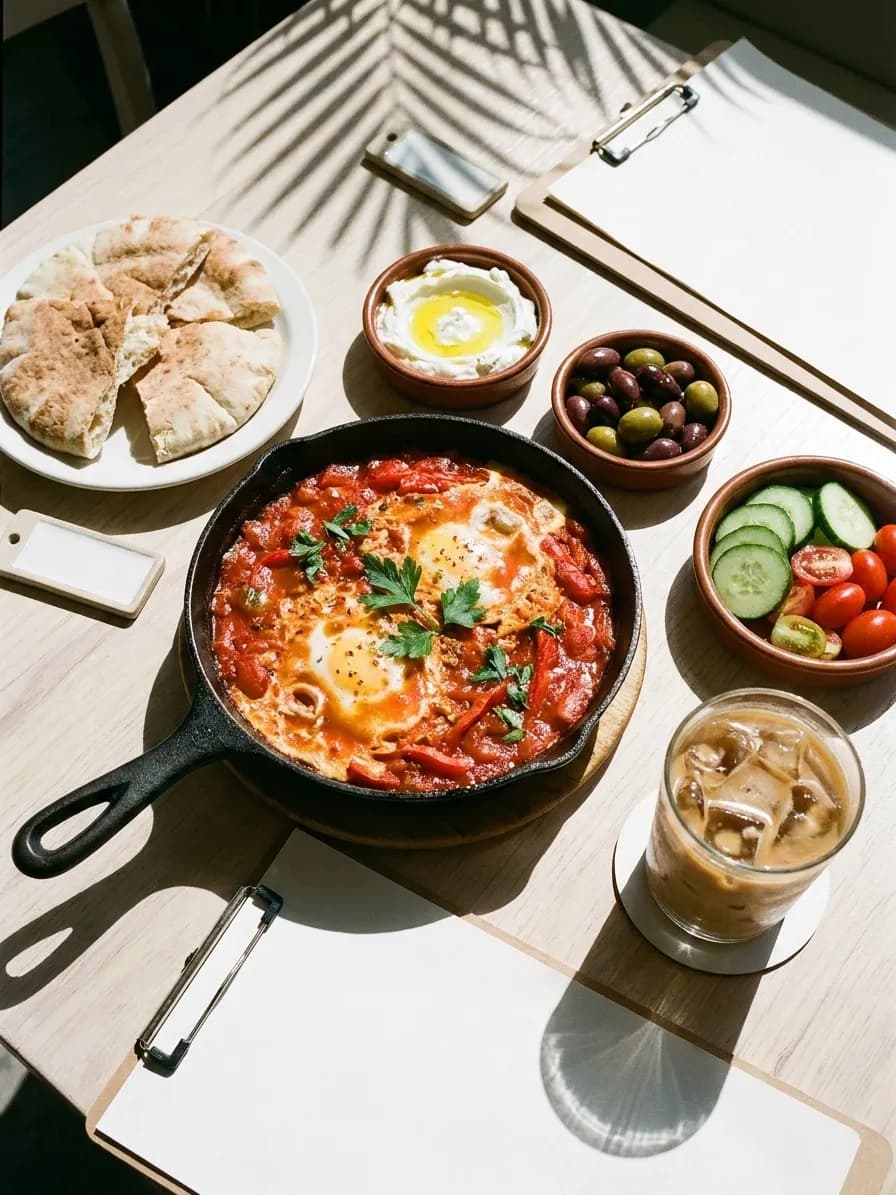 A cast-iron pan of shakshuka on a bright Miami brunch table with pita, labneh and olives, palm shadows across the surface
