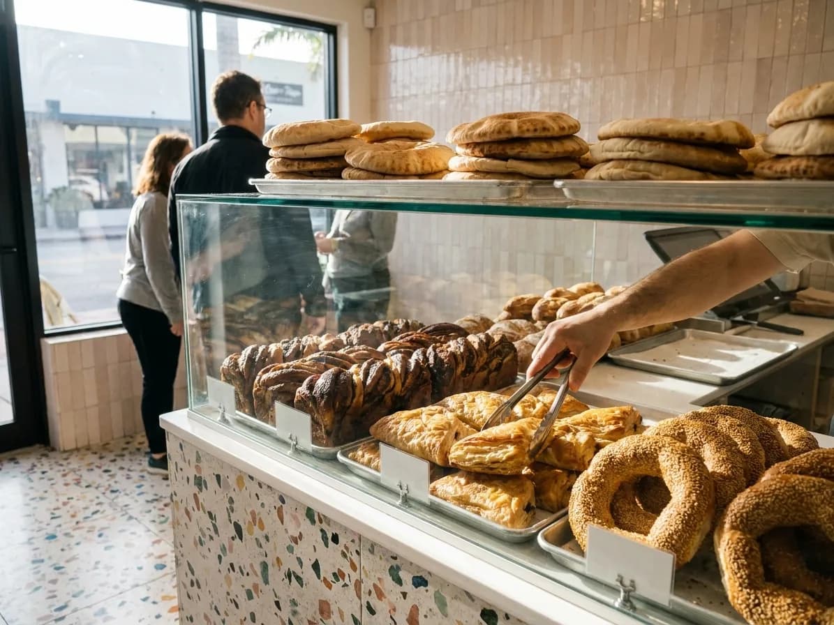 A glass display case of babka, burekas and sesame rolls at a Mediterranean bakery counter in Miami mid-morning