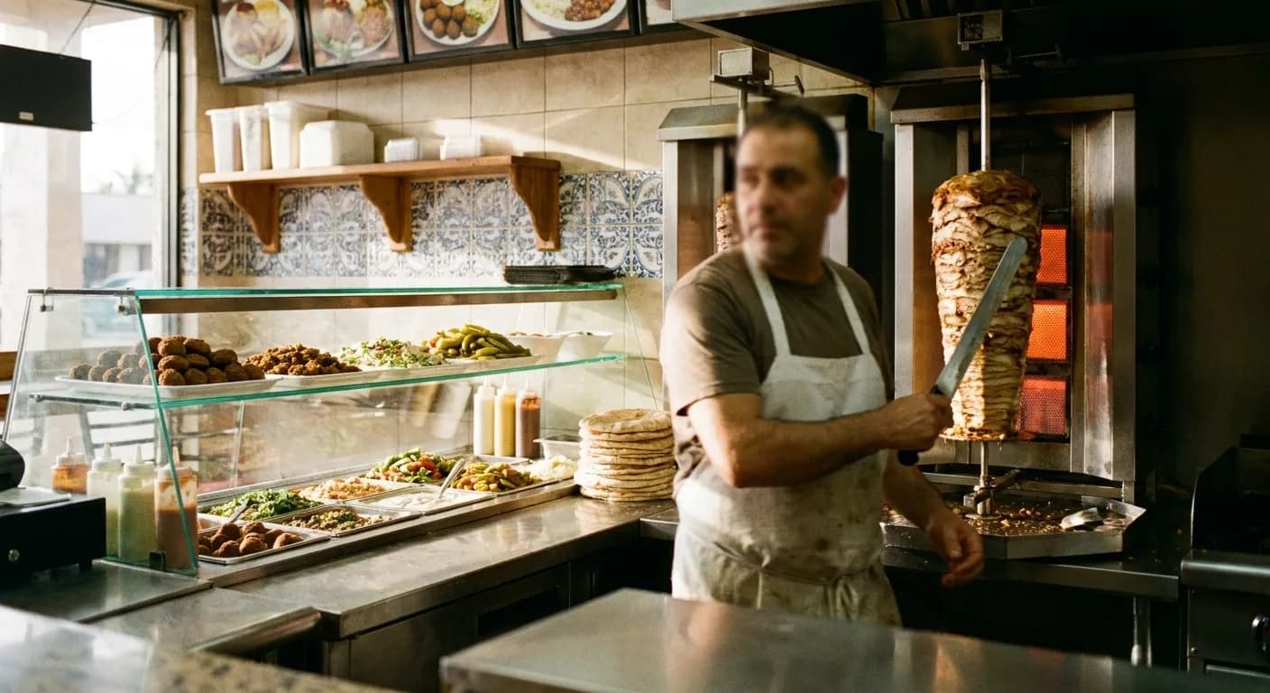 A small Miami Lebanese takeaway at lunchtime, a shawarma spit turning behind the counter beside trays of falafel and salads in a glass case