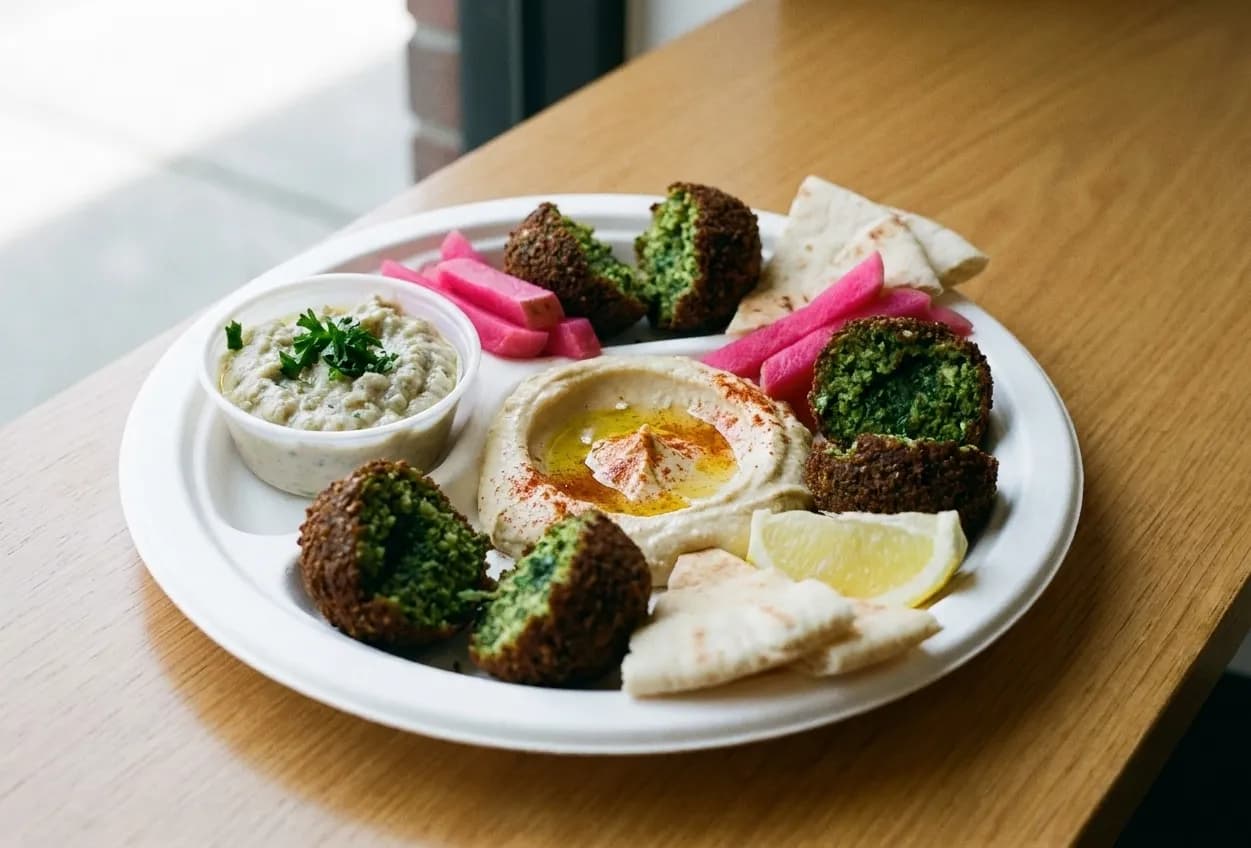 A takeaway plate of six split falafel with green centres beside hummus, baba ghanoush, pink pickled turnips, torn flatbread and a lemon wedge