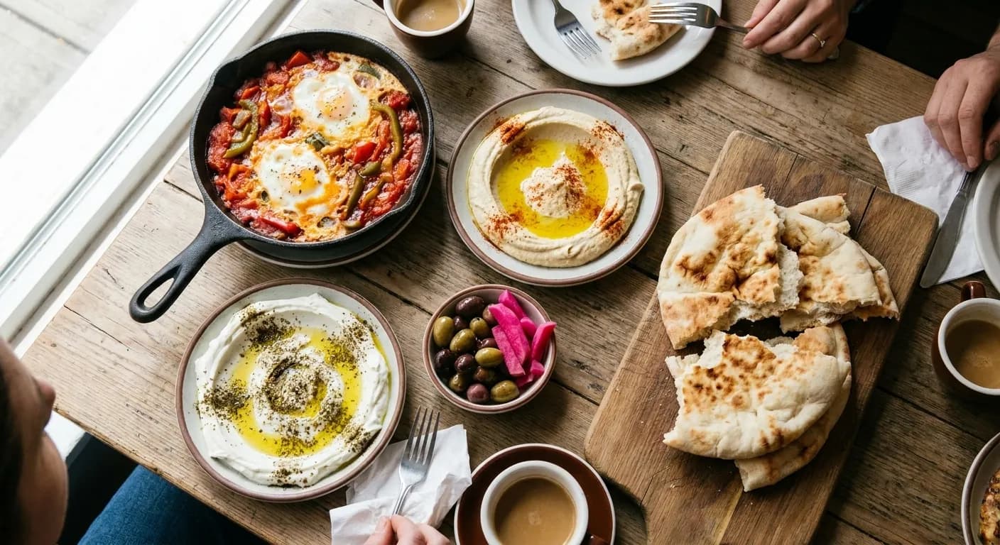 A Mediterranean brunch table at midday with eggs baked in tomato, hummus, labneh with za'atar, pickles and torn hot flatbread on a board, lit from a window