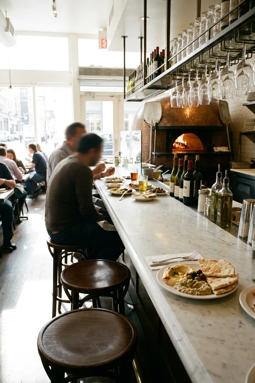 The marble bar of a small New York Mediterranean restaurant late in brunch service, three stools taken, a plate of mezze on the counter and a wood oven glowing at the far end