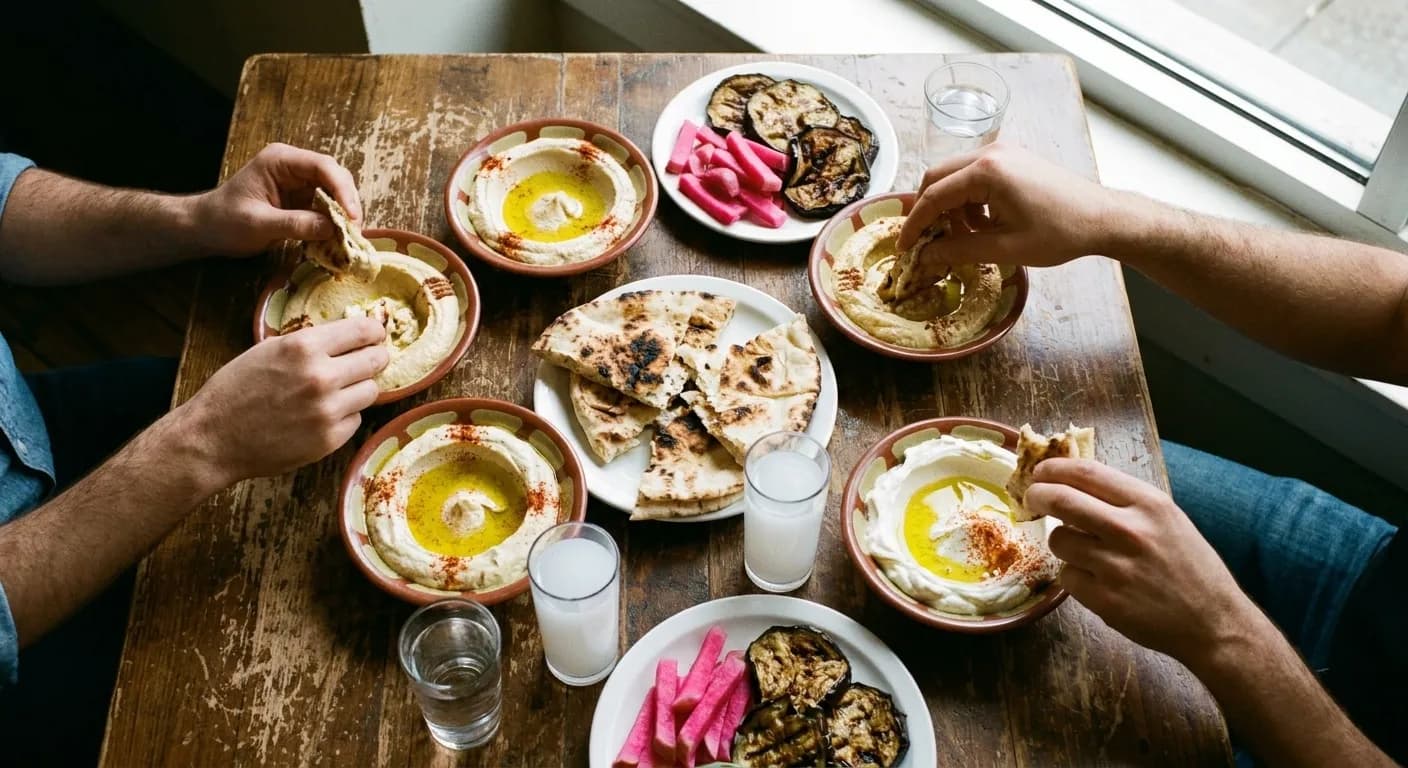 An overhead view of a Levantine mezze spread on a wooden table with flatbread, hummus, labneh and grilled aubergine