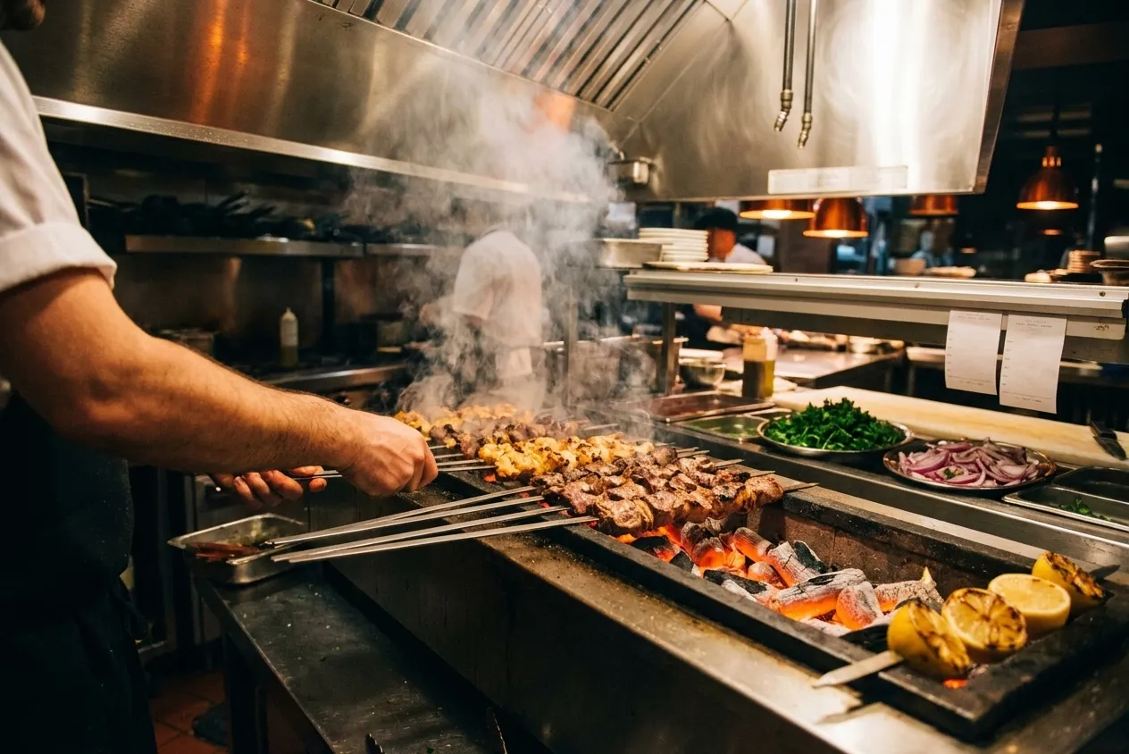 Lamb and chicken skewers turning over glowing charcoal in the grill section of a New York Mediterranean kitchen