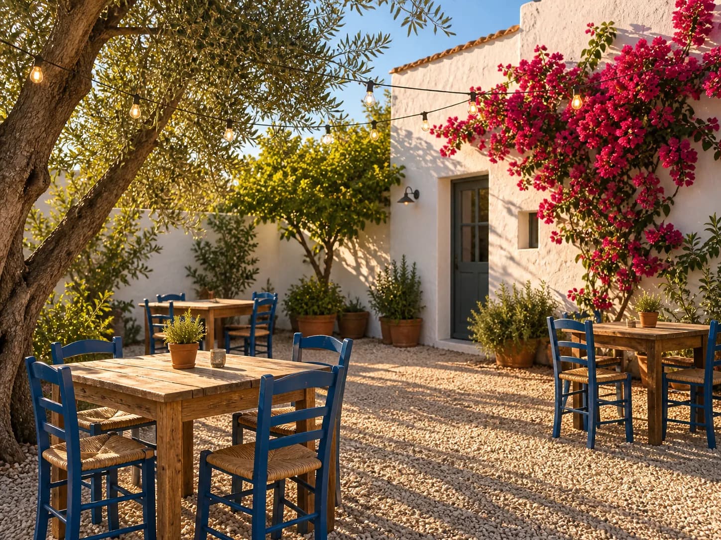 A gravel courtyard set with small tables under string lights and low trees