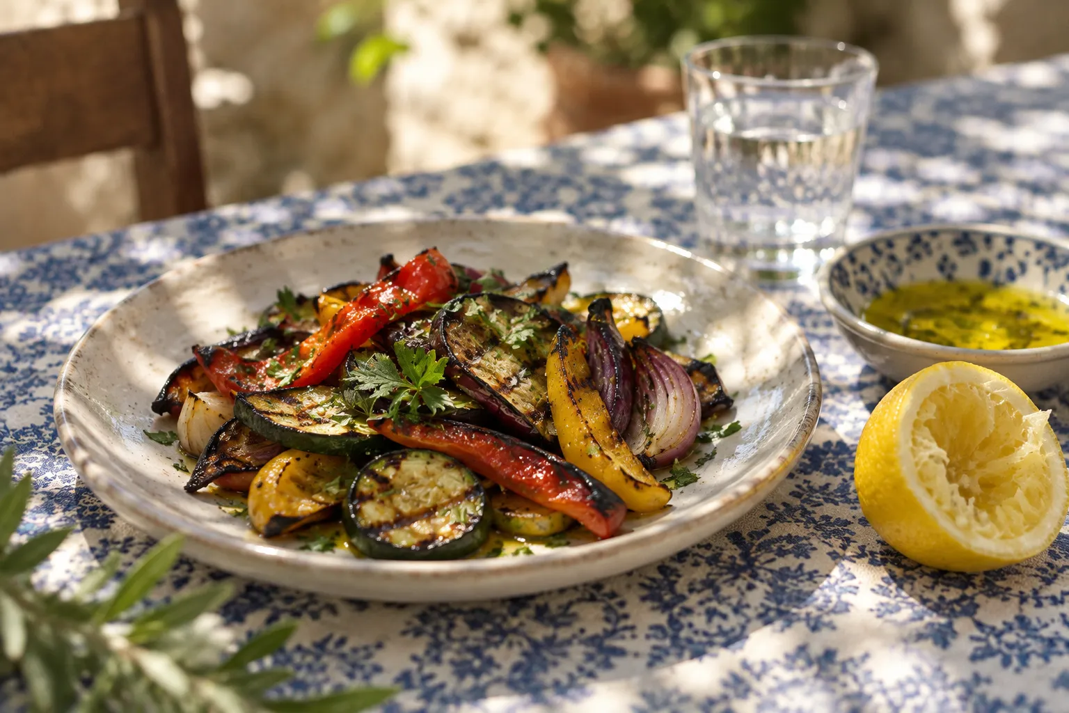 A blue and white table setting with grilled vegetables and a squeezed lemon half