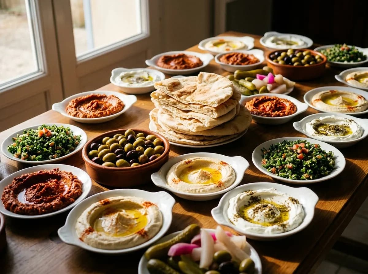 A crowded table of small mezze dishes with flatbread, olives and herb salads under warm side light