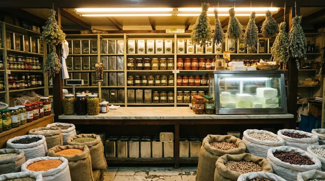 A spread of small mezze dishes with flatbread, olives, herbs and dips on a plain table under warm light