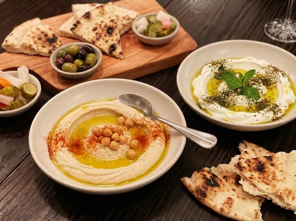 A Levantine mezze spread of hummus, flatbread, labneh and olives on a dark wooden restaurant table