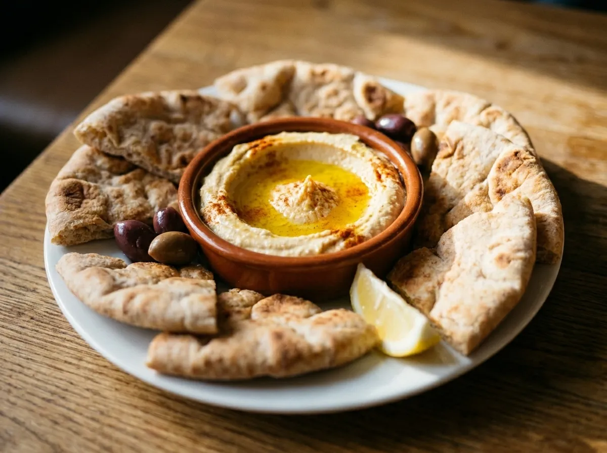 A spread of small mezze dishes with flatbread, hummus and olive oil on a dark table under warm light