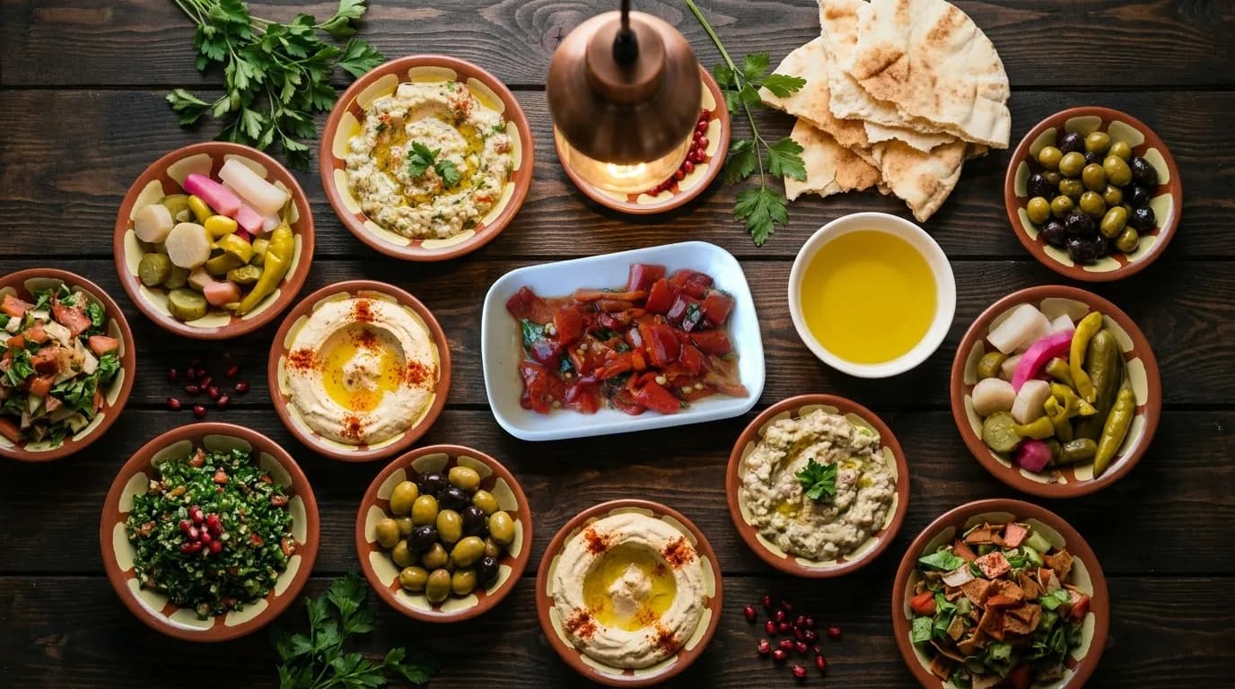 An overhead view of a shared Levantine table crowded with small dishes of hummus, olives and salad with a stack of warm flatbread
