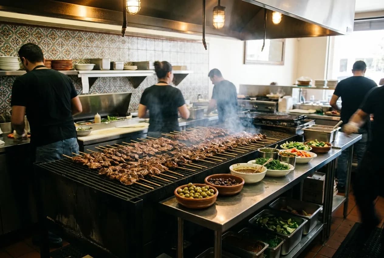 Mediterranean restaurant counter with charcoal grill and kebab skewers cooking in Los Angeles