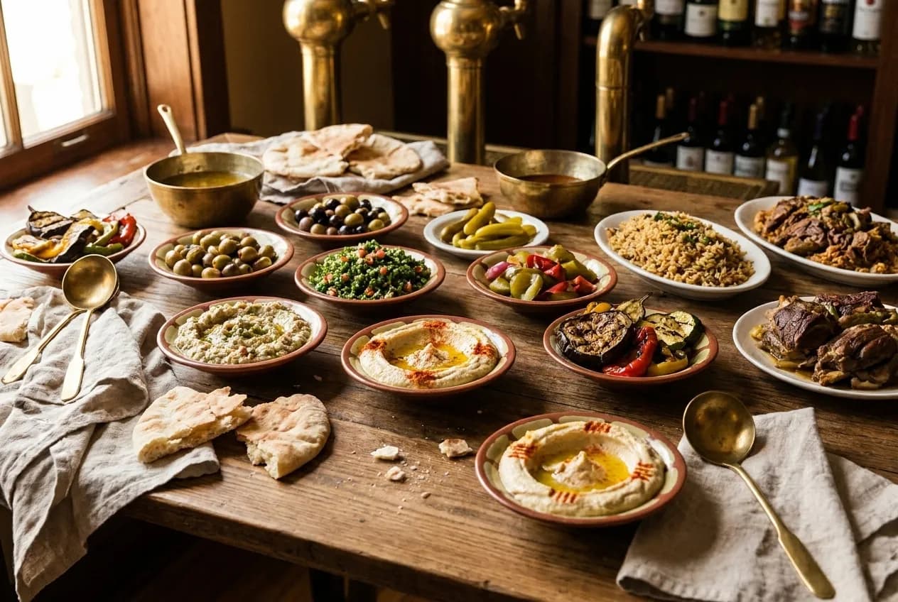 Mediterranean mezze spread with flatbread and small plates on restaurant table in Los Angeles