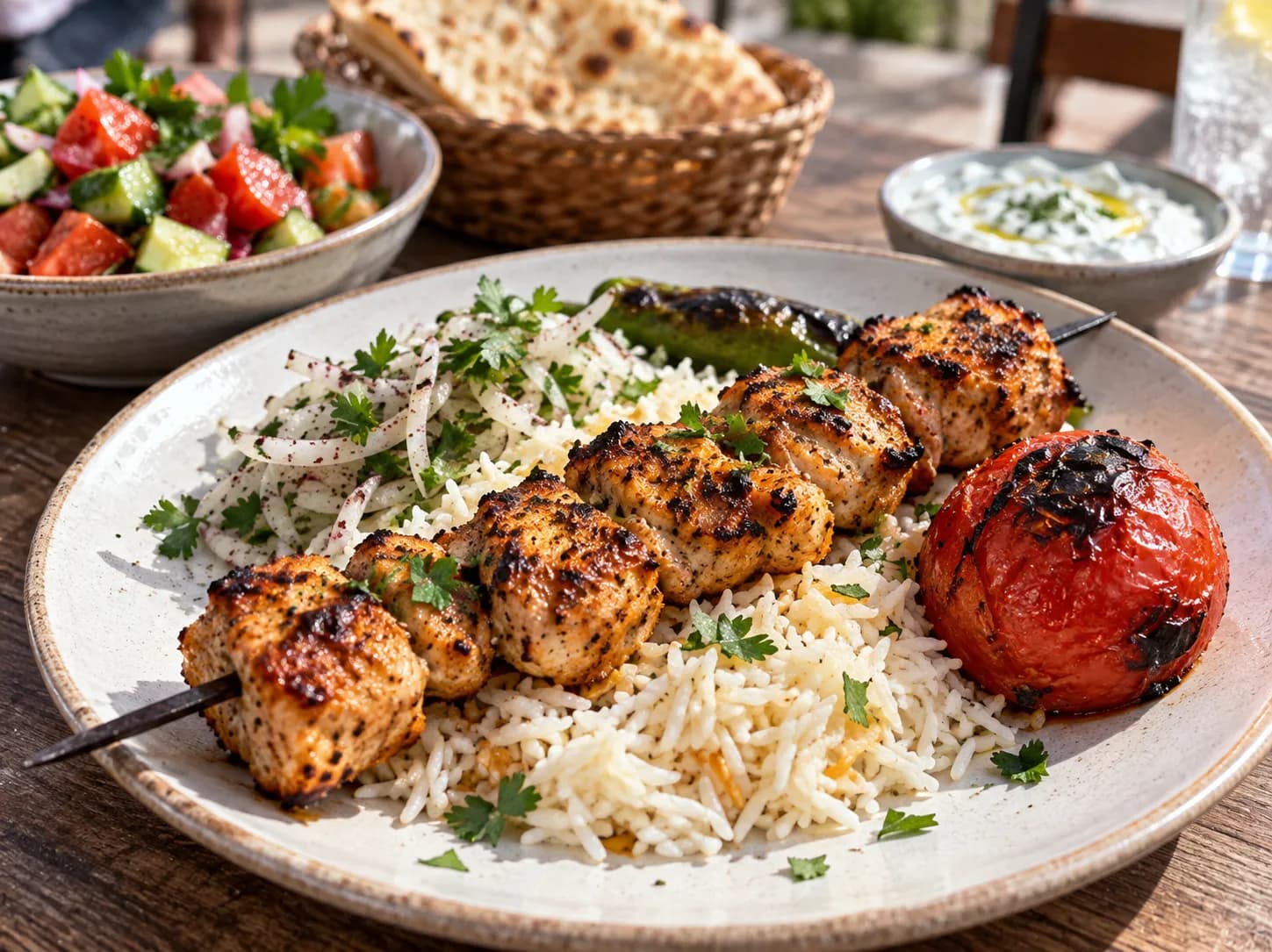 A skewer of grilled chicken kebab with rice and grilled tomato on a plate