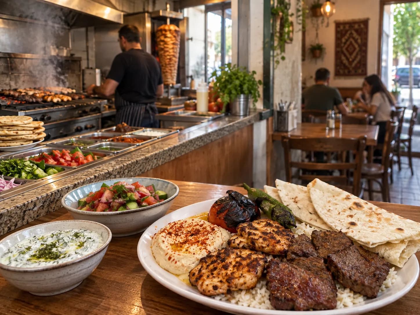 A very small family-run kebab counter with a grill, a short counter and a few tables