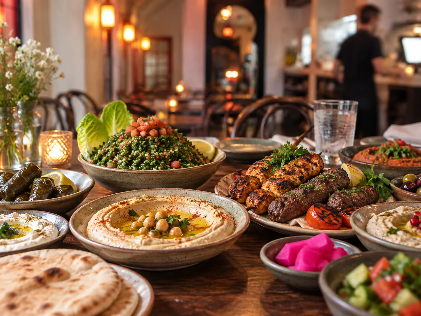 A spread of Lebanese mezze with hummus, tabbouleh and grilled meats on a table