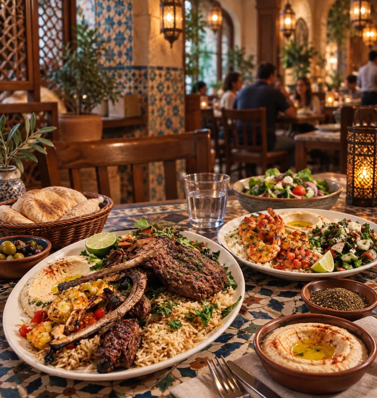 A warm Lebanese restaurant interior with patterned tiles, wooden chairs and hanging lanterns