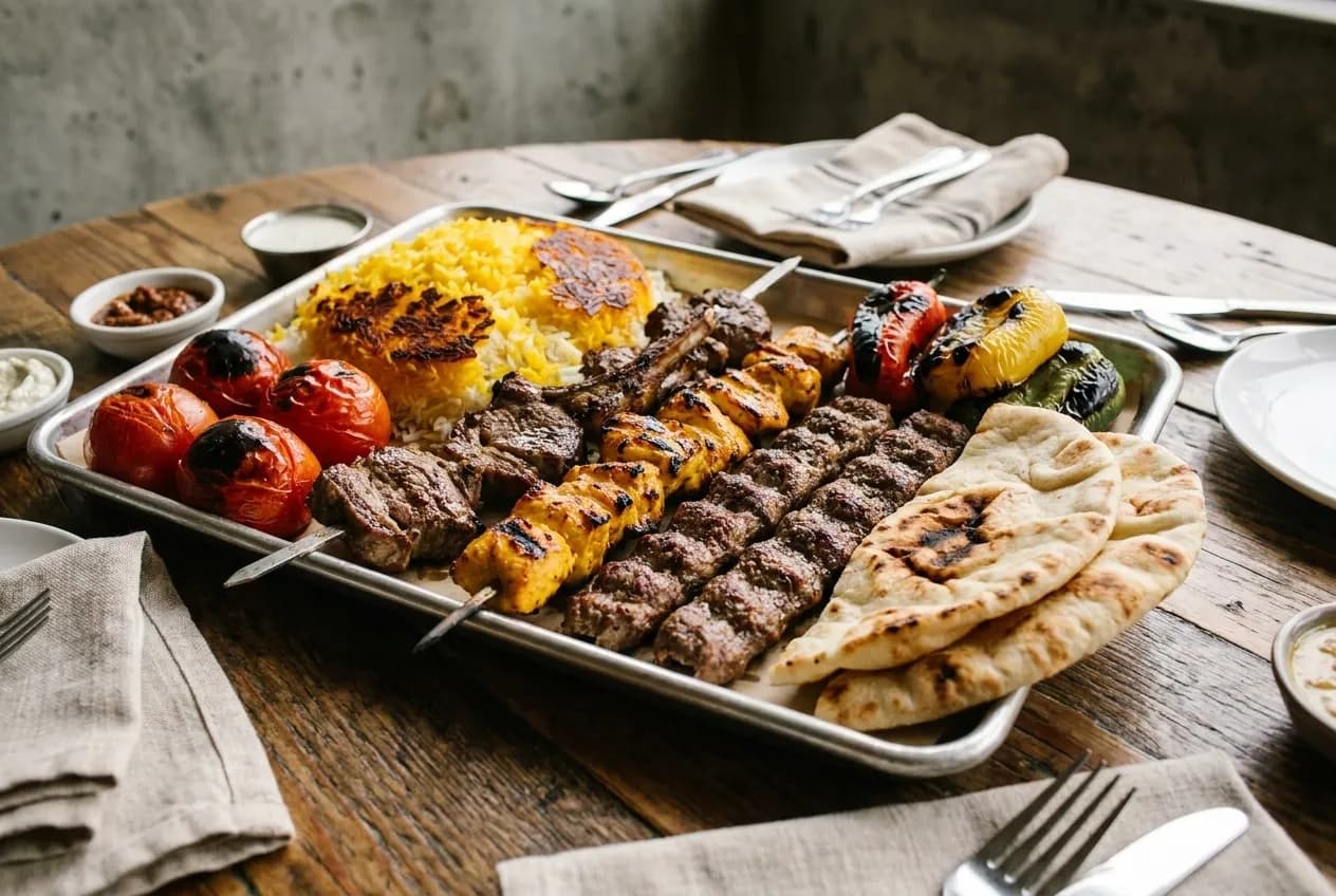 Large Mediterranean mixed grill platter with lamb and chicken kabobs, saffron rice, and grilled vegetables on a metal tray