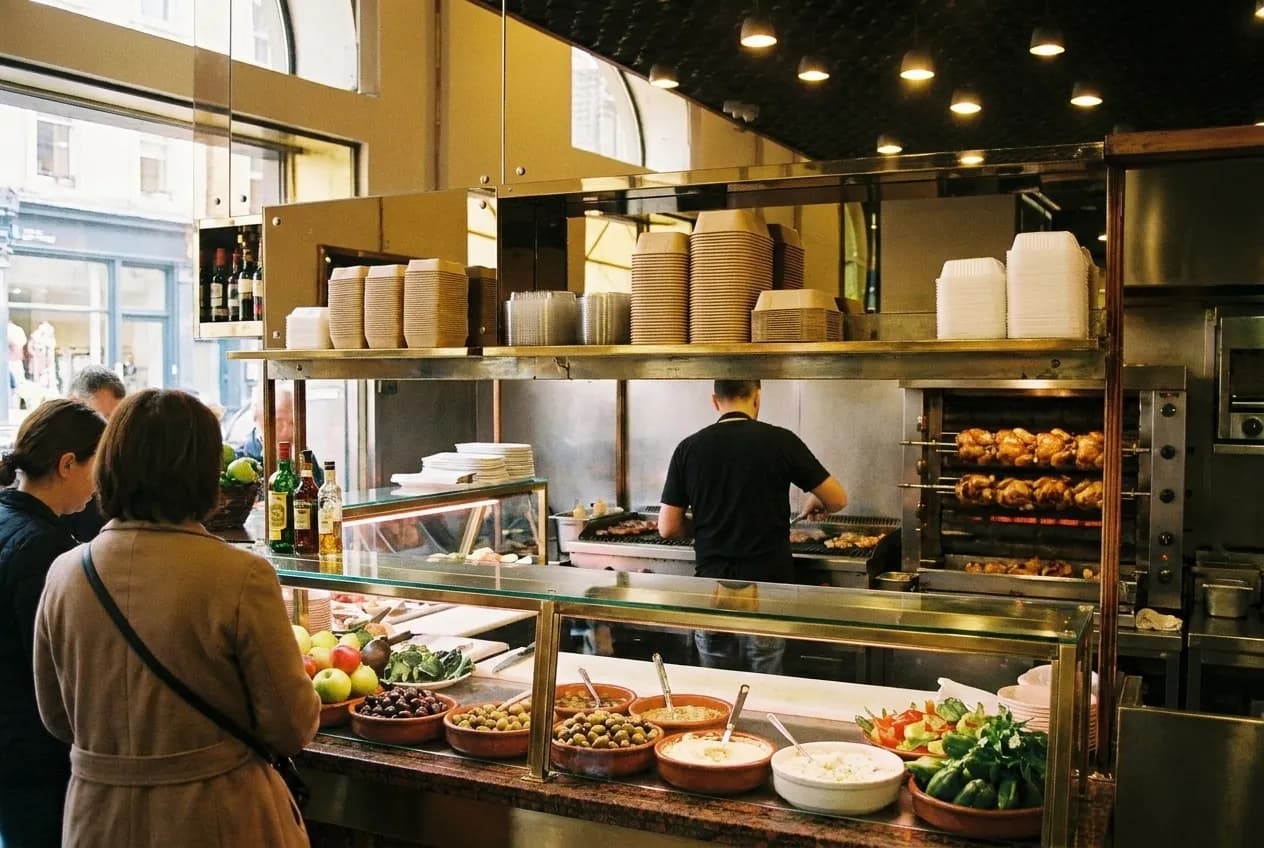 Mediterranean restaurant counter service during weekend afternoon with customers and grill in background