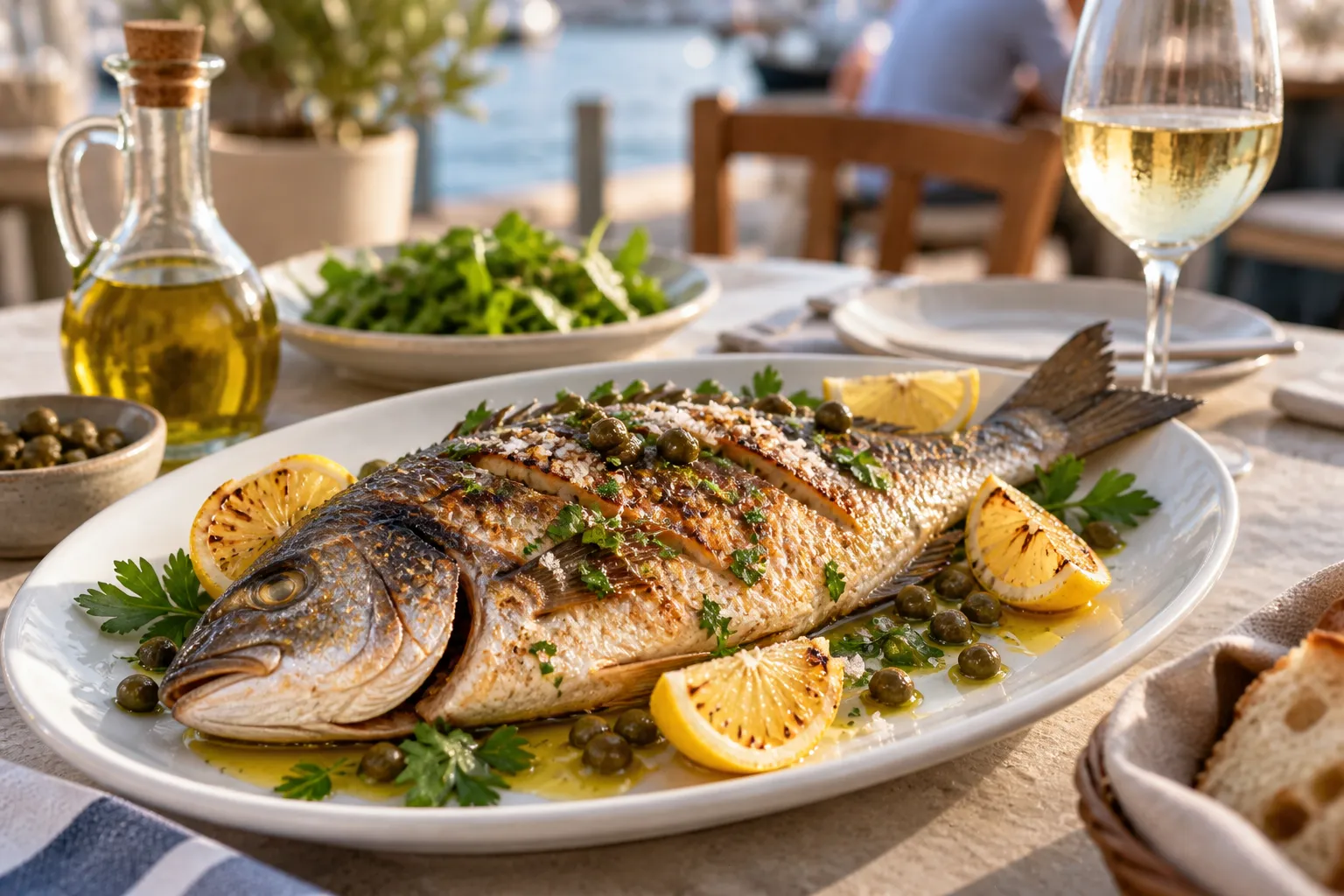A whole grilled fish on a platter with lemon, olive oil and capers