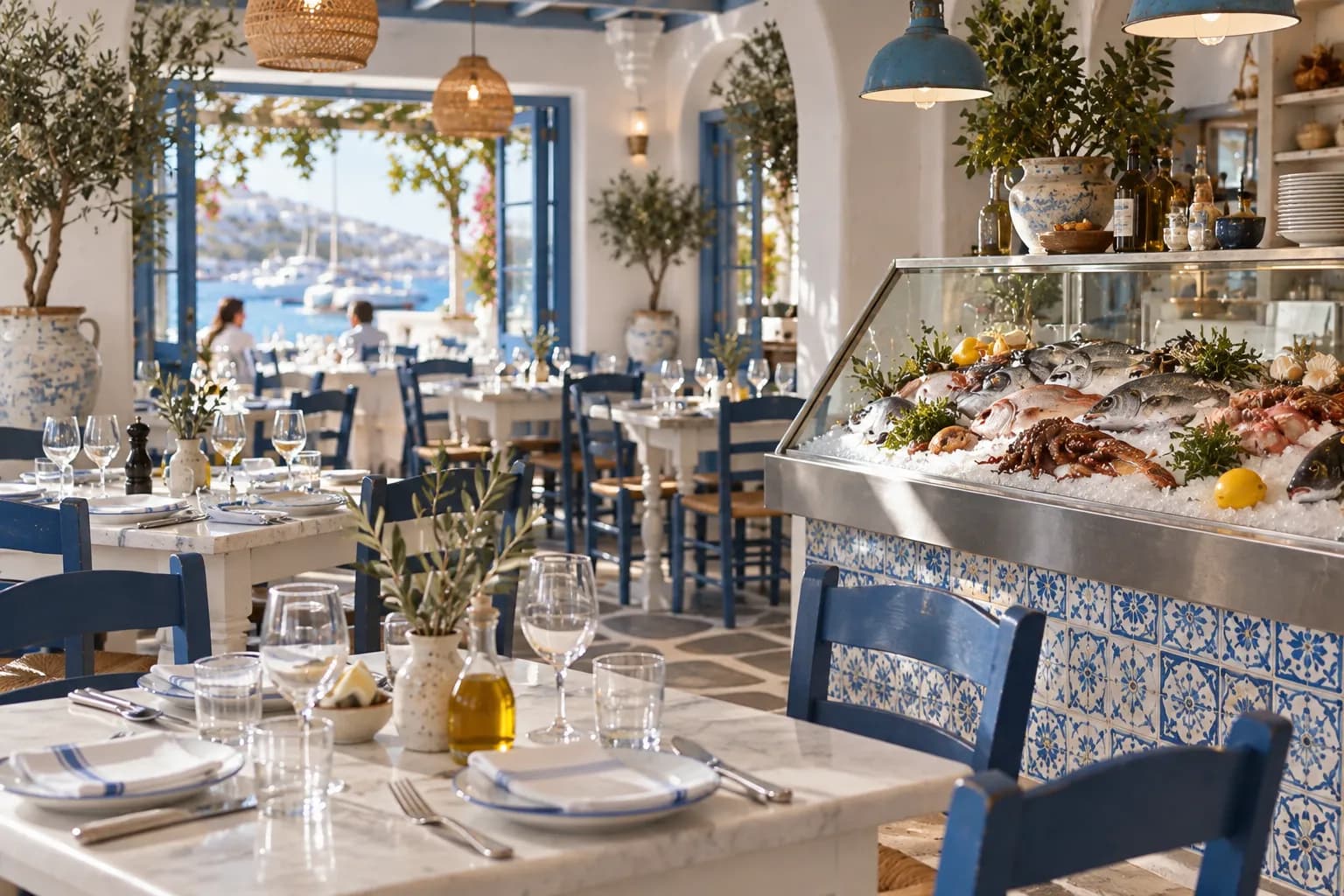 An elegant white and blue Greek restaurant interior with an iced fish display counter